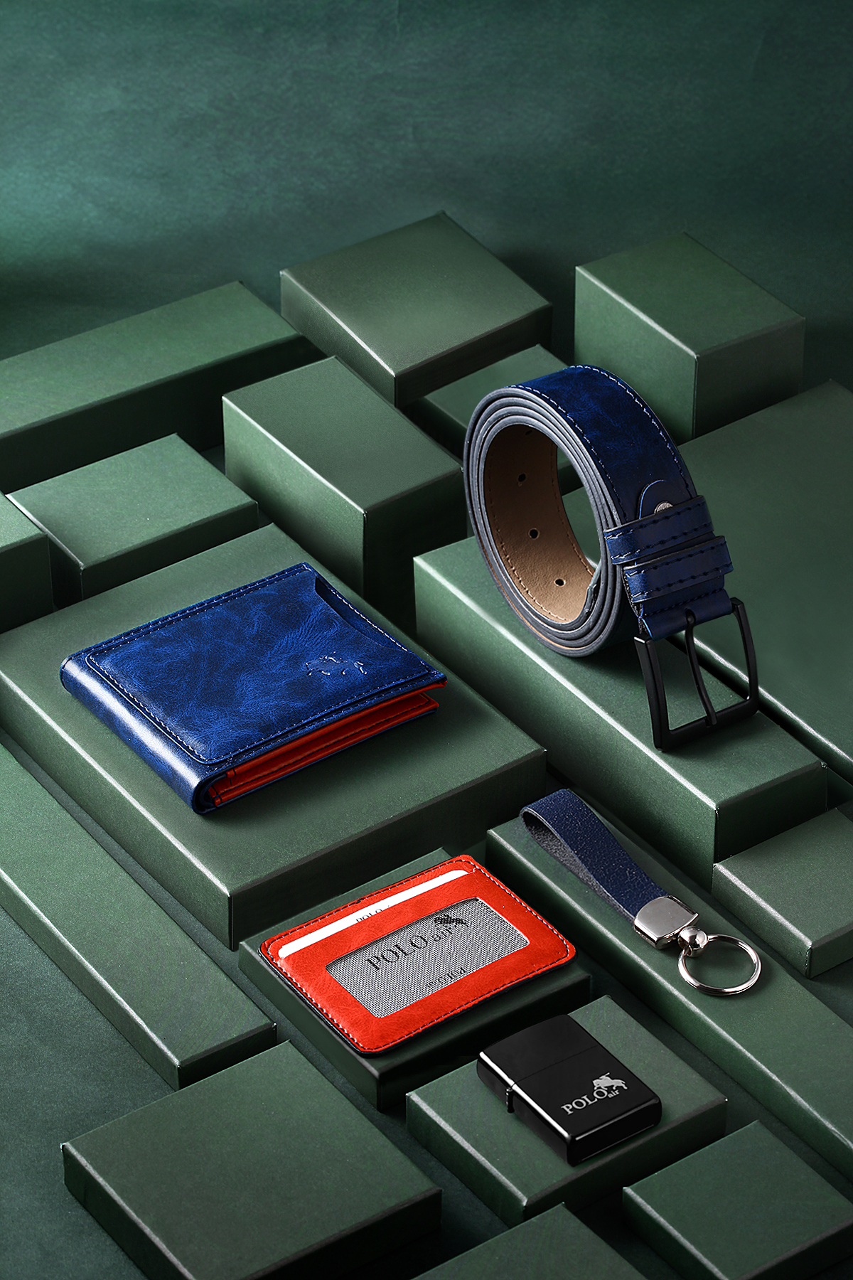 Kare Kasa Erkek Kol Saati Cüzdan Kemer Kartlık Çakmak Anahtarlık Seti Gümüş Lacivert Renk Pl-7072E2 Lacivert-Gümüş Pl-7072E2