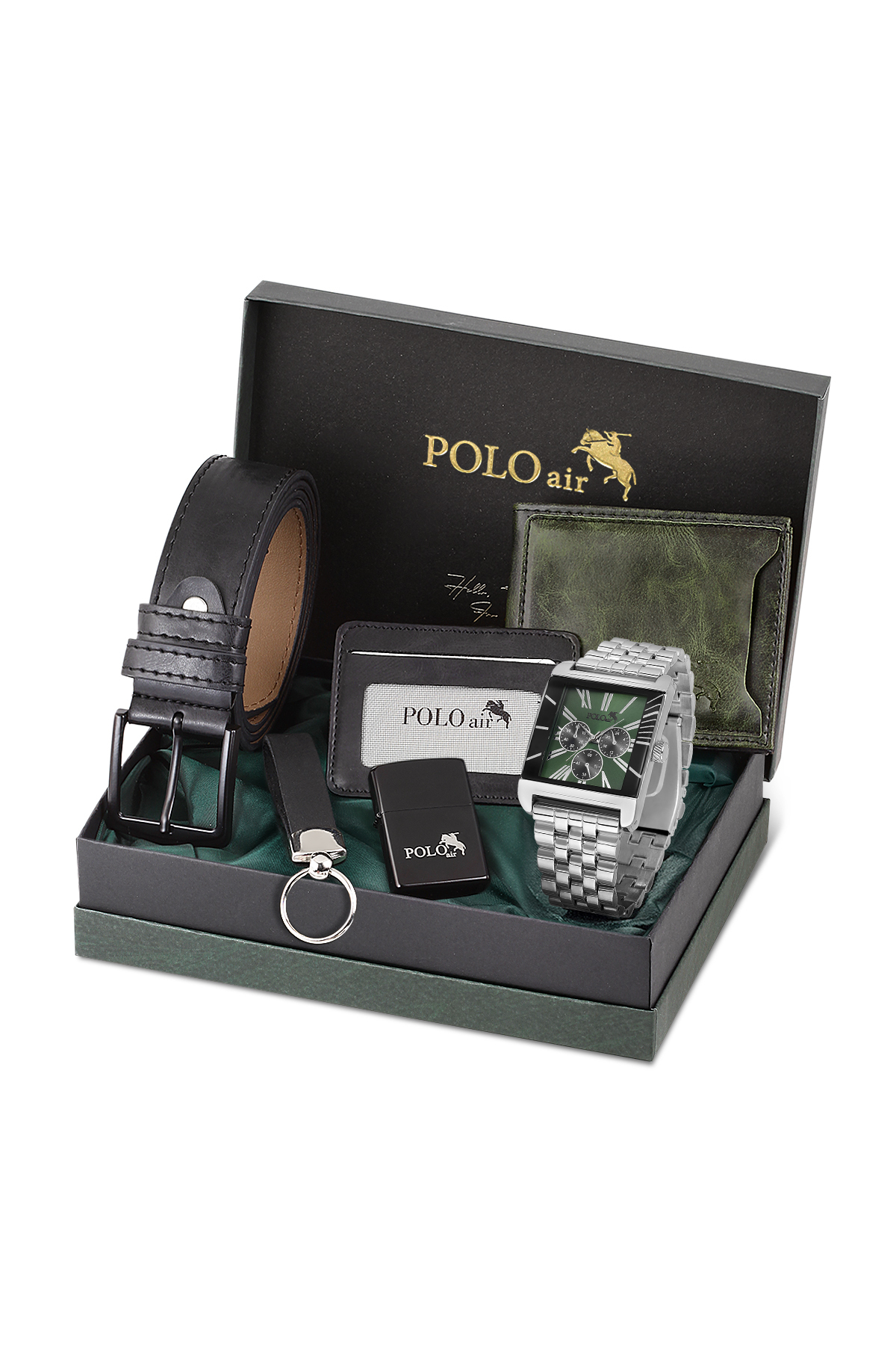 Kare Kasa Erkek Kol Saati Cüzdan Kemer Kartlık Çakmak Anahtarlık Seti Gümüş Yeşil Renk Pl-7072E3 Yeşil Pl-7072E3