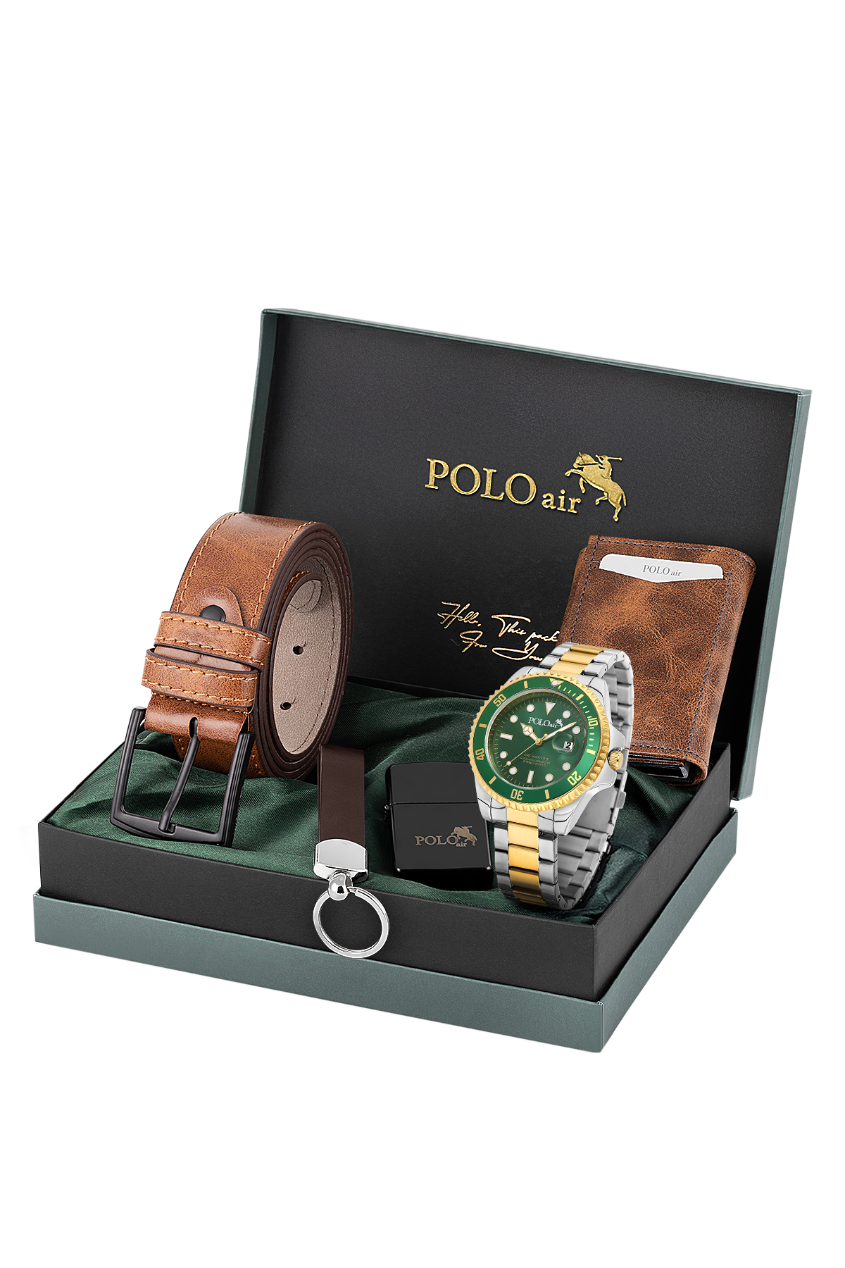 Mercek Takvimli Erkek Kol Saati Cüzdan Kemer Çakmak Anahtarlık Gold Gümüş Yeşil Renk Pl-7078E10 Yeşil Pl-7078E10