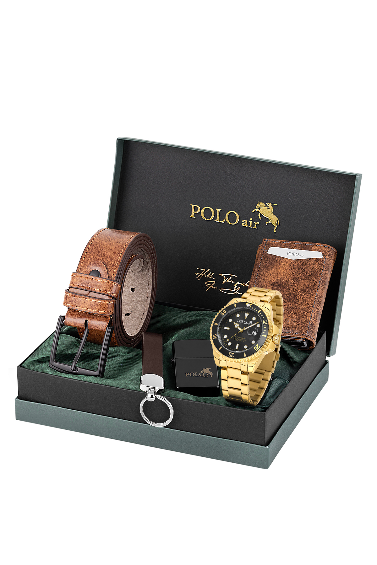 Mercek Takvimli Erkek Kol Saati Cüzdan Kemer Çakmak Anahtarlık Seti Gold Siyah Renk Pl-7078E7 Altın Pl-7078E7