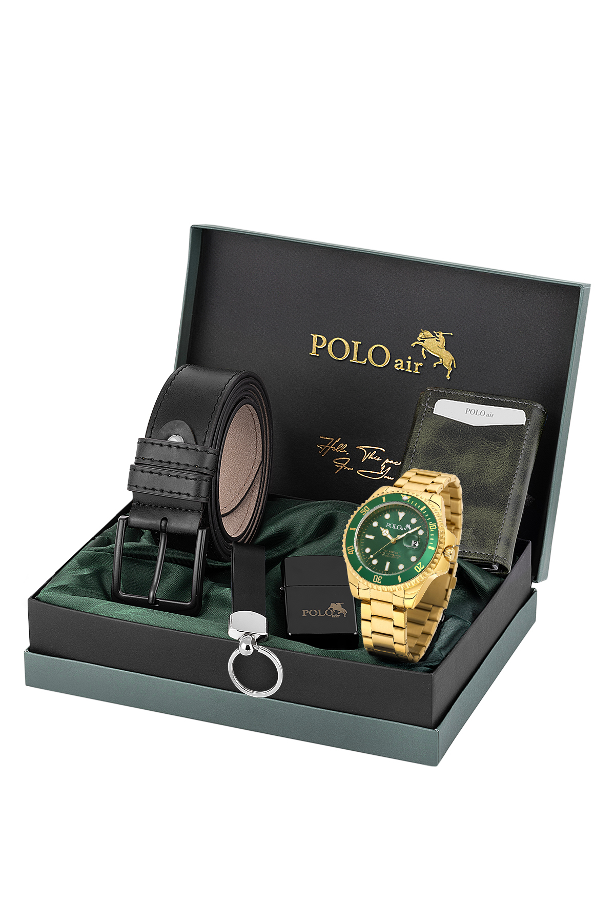 Mercek Takvimli Erkek Kol Saati Cüzdan Kemer Çakmak Anahtarlık Seti Gold Yeşil Renk Pl-7078E8 Yeşil Pl-7078E8