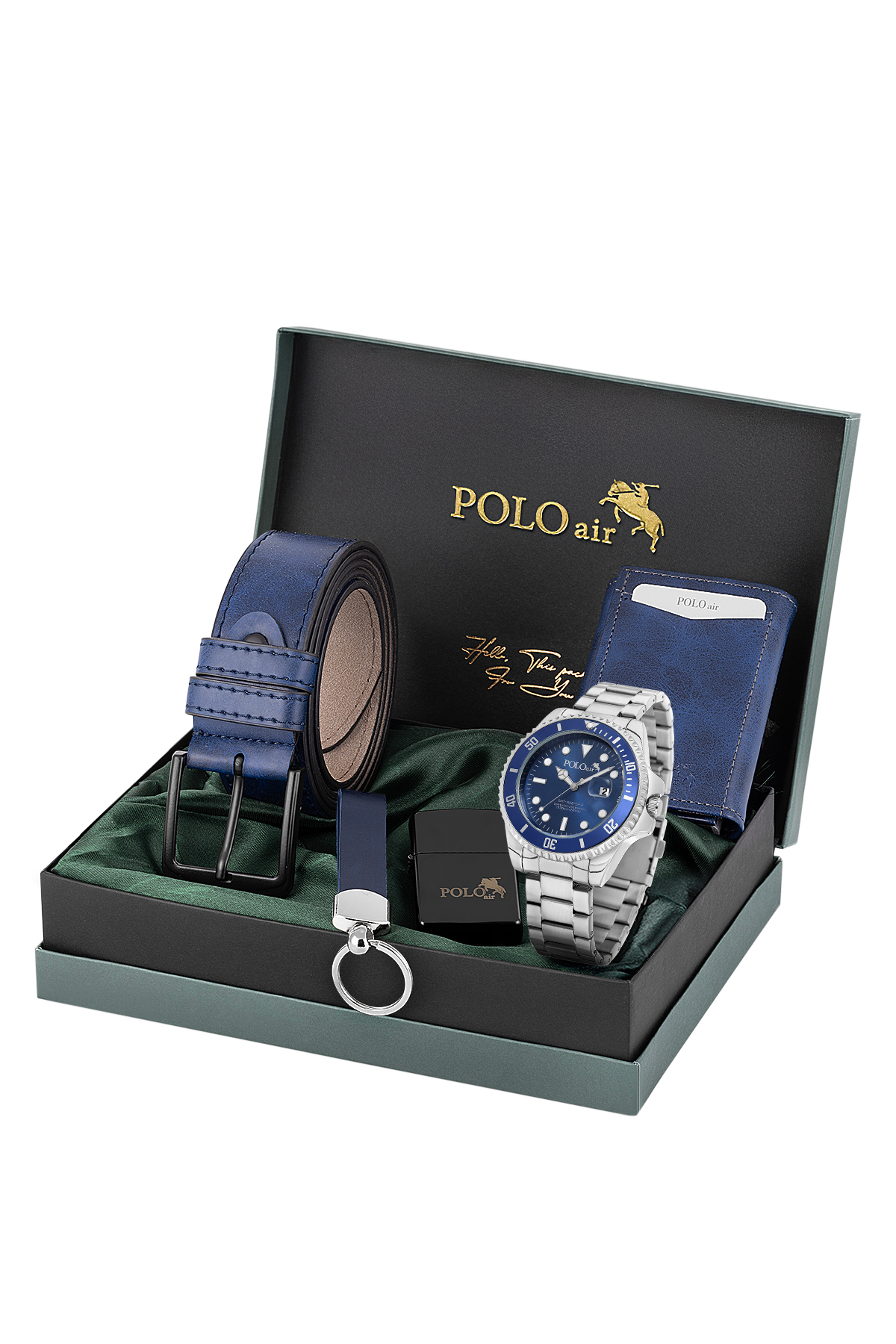 Mercek Takvimli Erkek Kol Saati Cüzdan Kemer Çakmak Anahtarlık Seti Gümüş Lacivert Renk Pl-7078E2 Lacivert Pl-7078E2