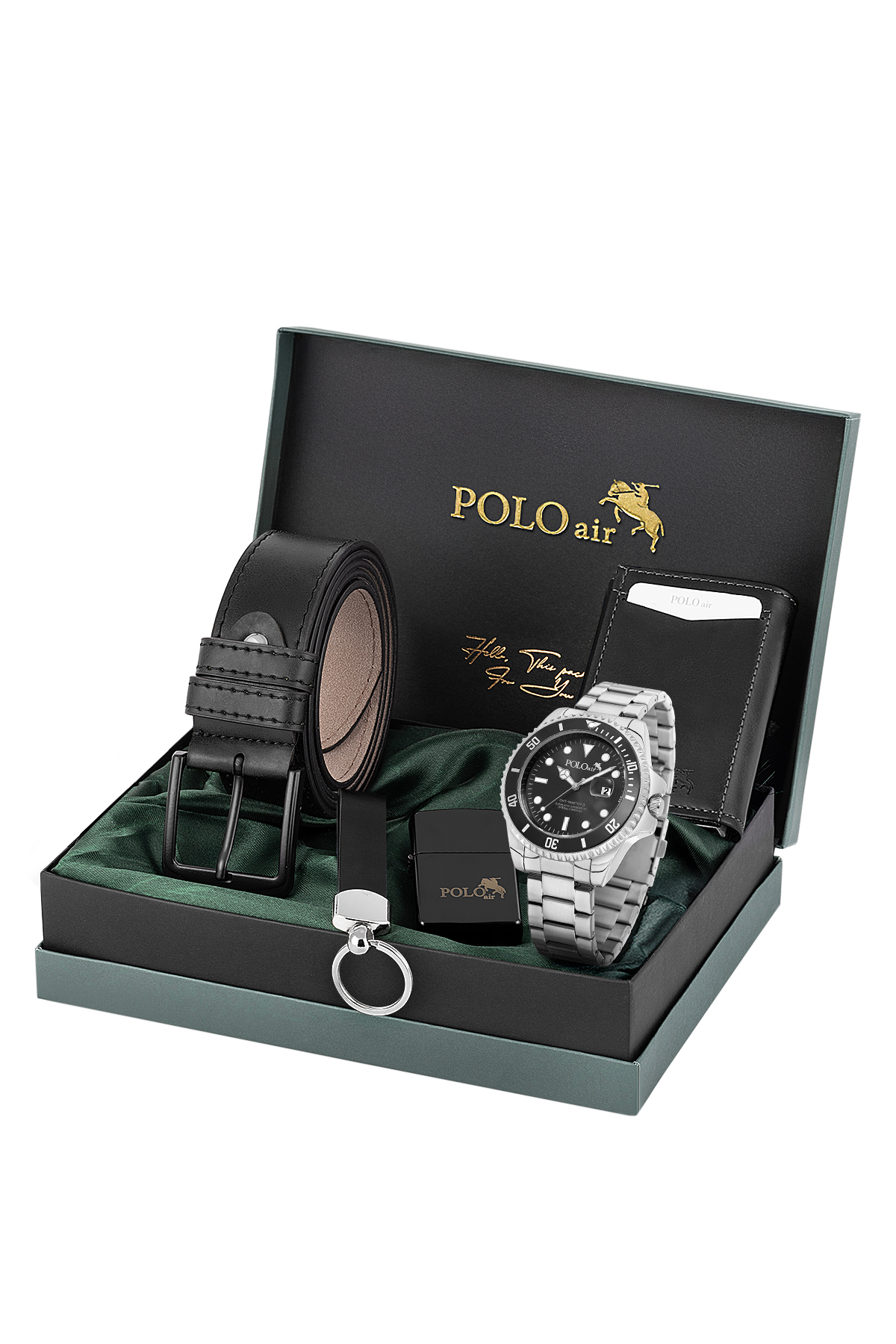 Mercek Takvimli Erkek Kol Saati Cüzdan Kemer Çakmak Anahtarlık Seti Gümüş Siyah Renk Pl-7078E3 Gümüş Pl-7078E3