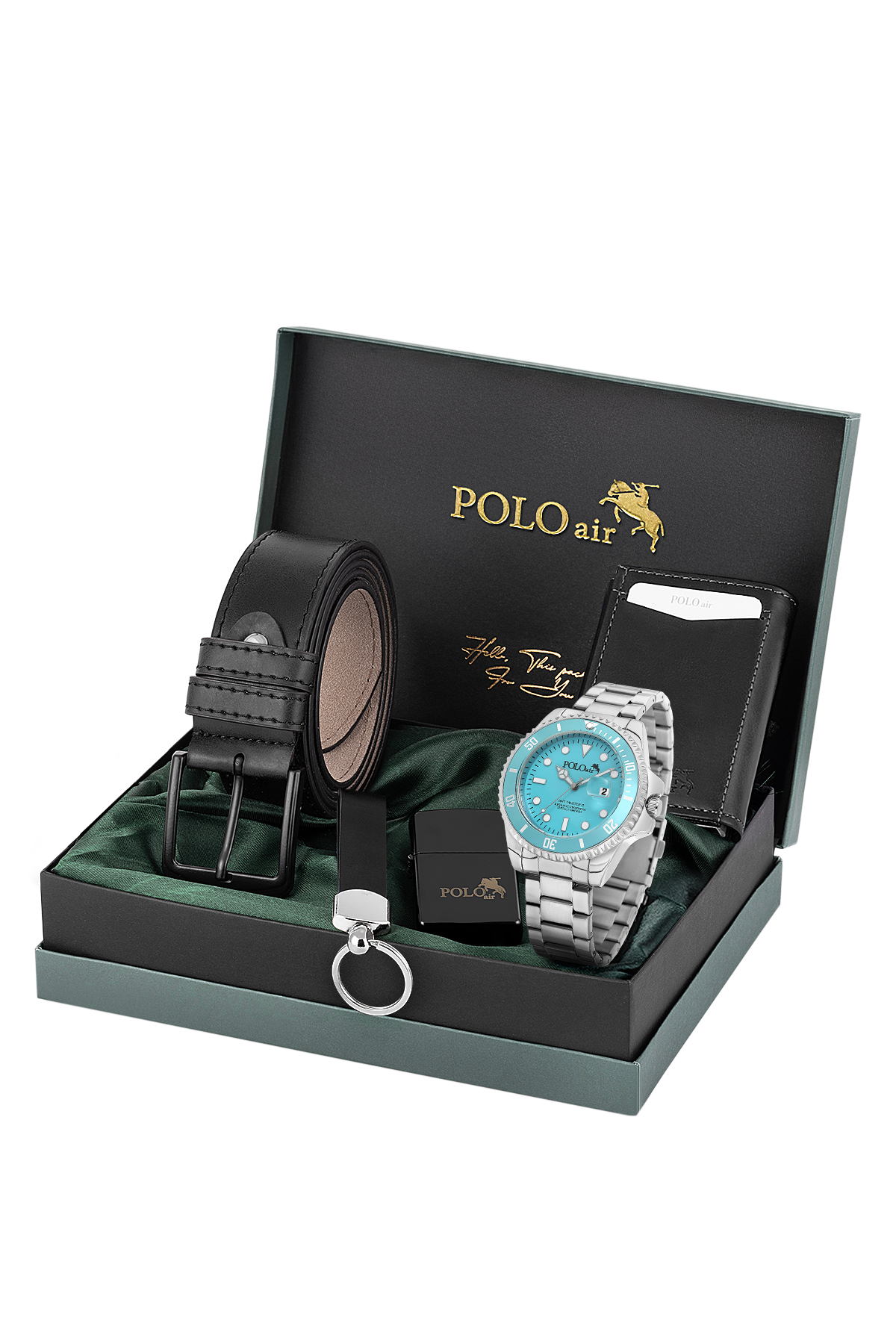 Mercek Takvimli Erkek Kol Saati Cüzdan Kemer Çakmak Anahtarlık Seti Gümüş Turkuaz Renk Pl-7078E5 Turkuaz Pl-7078E5