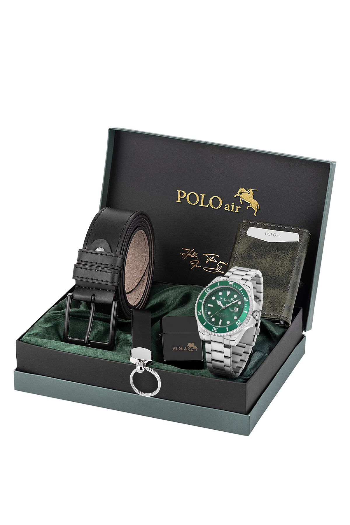 Mercek Takvimli Erkek Kol Saati Cüzdan Kemer Çakmak Anahtarlık Seti Gümüş Yeşil Renk Pl-7078E4 Yeşil Pl-7078E4