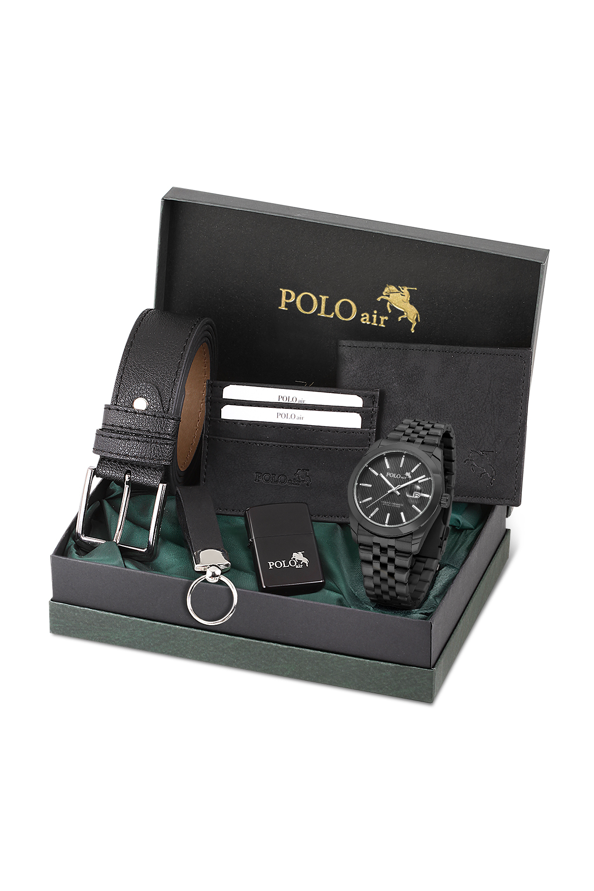 Mercek Takvimli Erkek Kol Saati Cüzdan Kemer Kartlık Anahtarlık Çakmak Seti Siyah Renk Pl-7074E1 Siyah Pl-7074E1