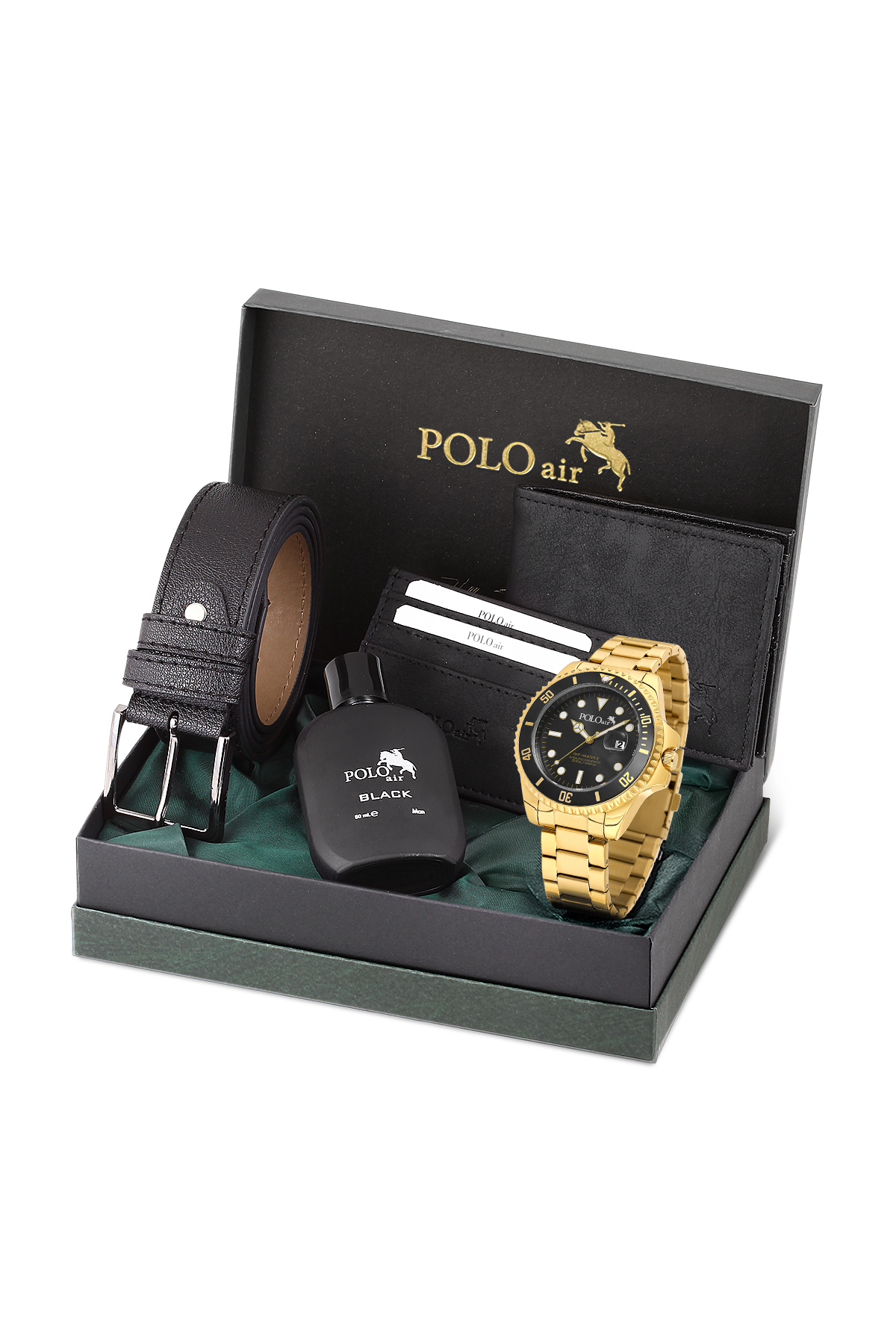 Mercek Takvimli Erkek Kol Saati Cüzdan Kemer Kartlık Parfüm Seti Gold Siyah Renk Pl-7073E7 Altın Pl-7073E7