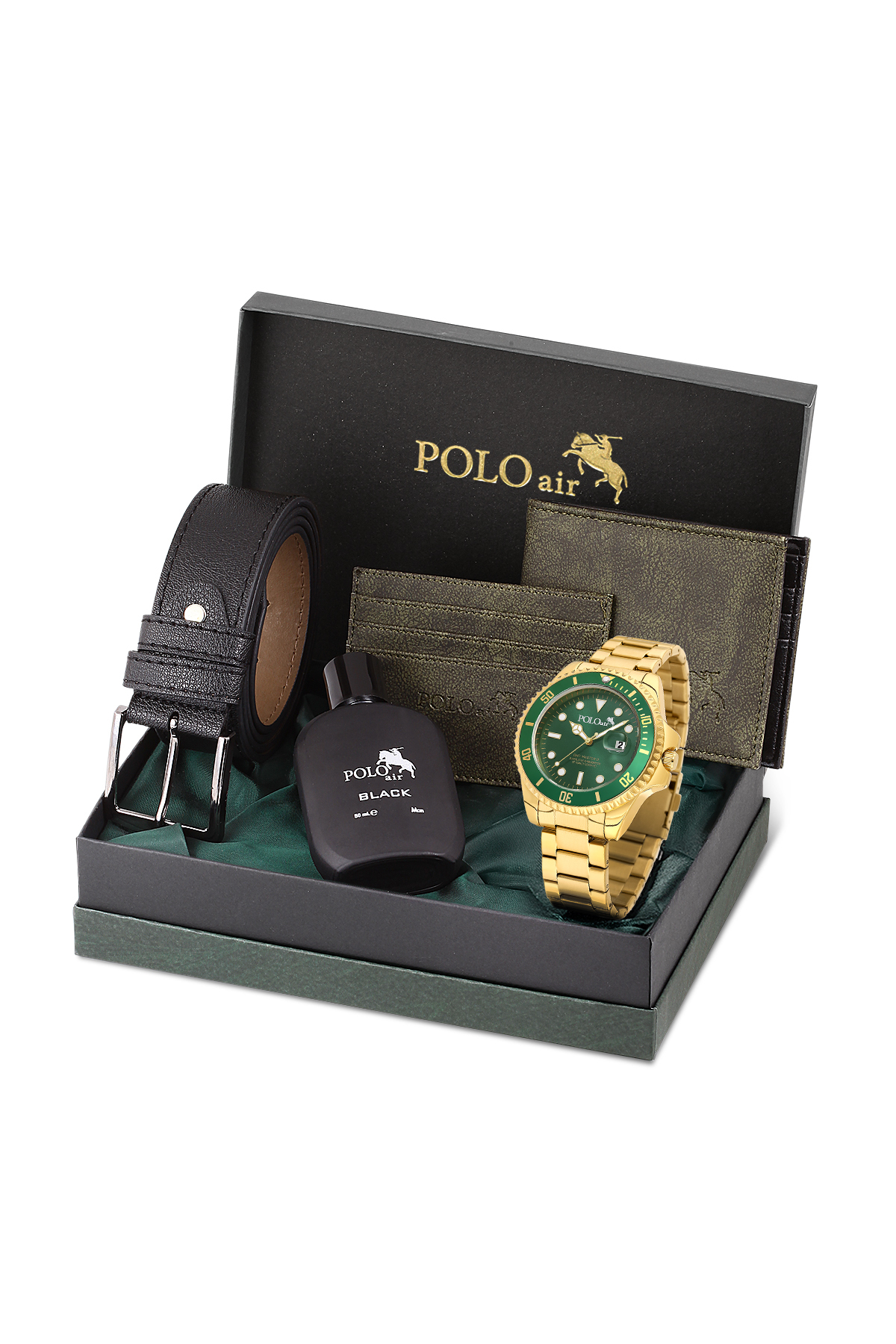 Mercek Takvimli Erkek Kol Saati Cüzdan Kemer Kartlık Parfüm Seti Gold Yeşil Renk Pl-7073E8 Altın Pl-7073E8