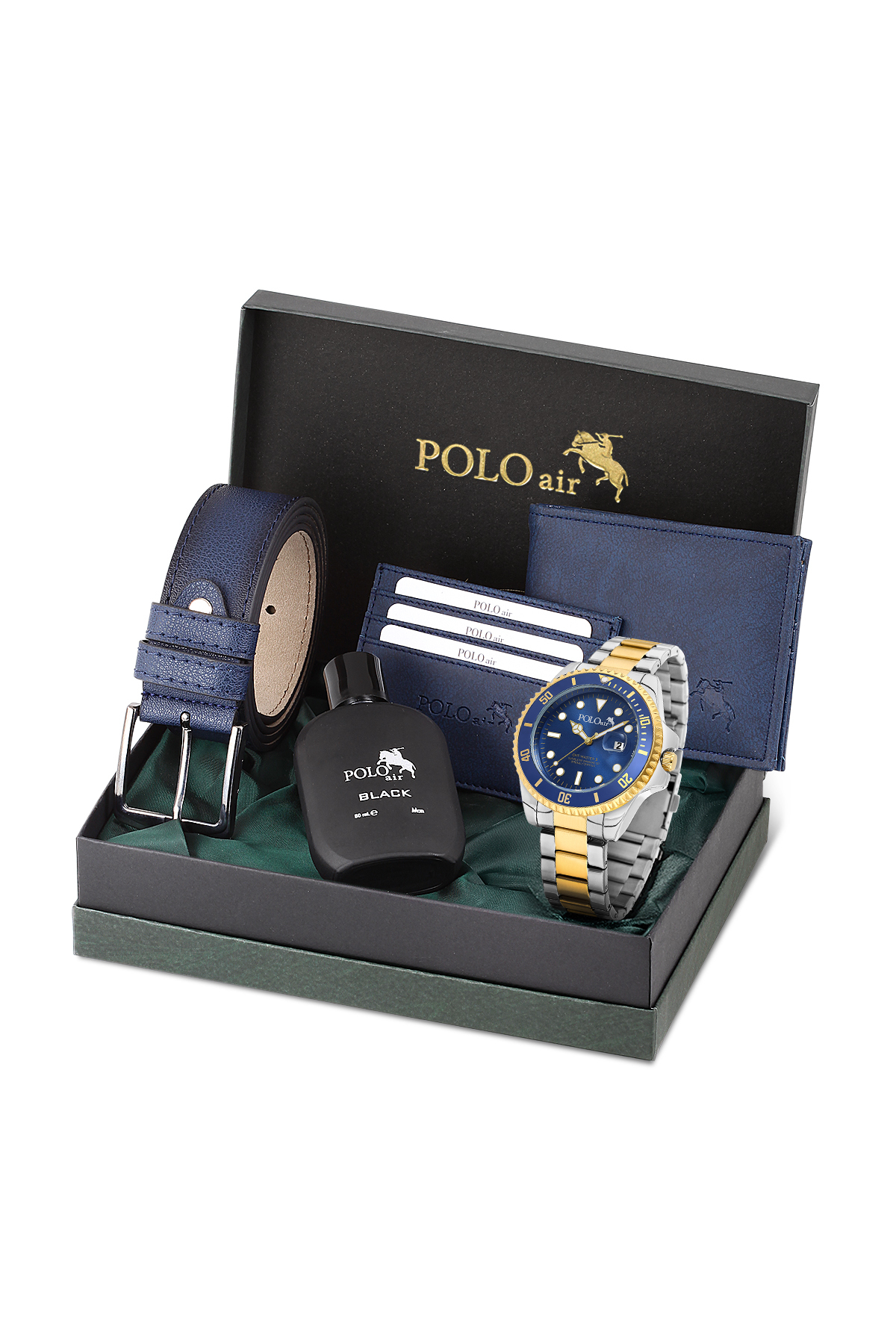Mercek Takvimli Erkek Kol Saati Cüzdan Kemer Kartlık Parfüm Seti Gümüş Gold Lacivert Renk Pl-7073E9 Lacivert Pl-7073E9