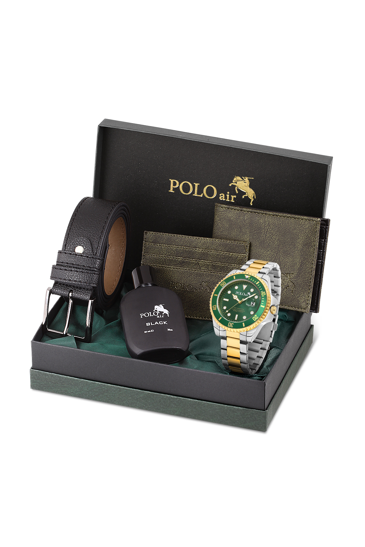 Mercek Takvimli Erkek Kol Saati Cüzdan Kemer Kartlık Parfüm Seti Gümüş Gold Yeşil Renk Pl-7073E10 Altın Pl-7073E10
