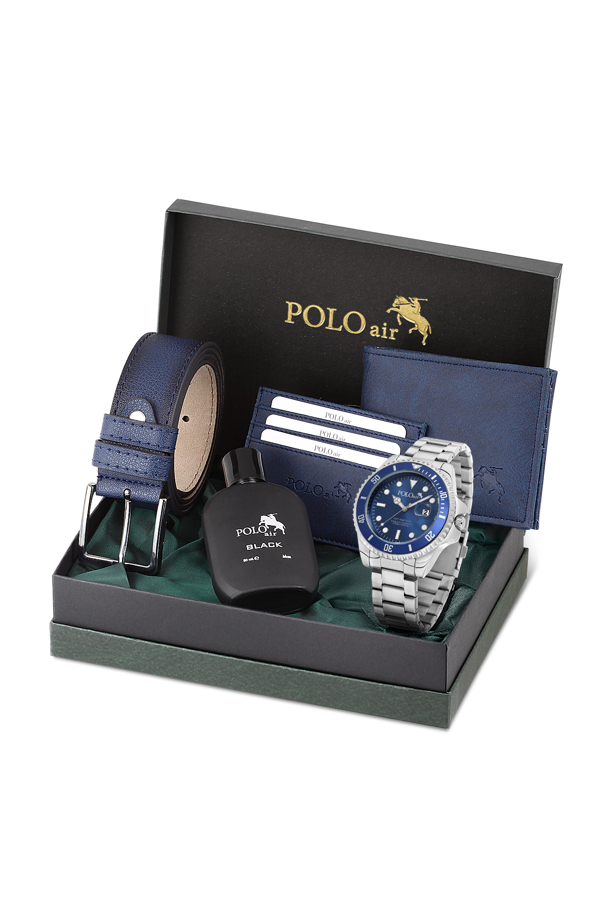 Mercek Takvimli Erkek Kol Saati Cüzdan Kemer Kartlık Parfüm Seti Gümüş Lacivert Renk Pl-7073E2 Lacivert Pl-7073E2