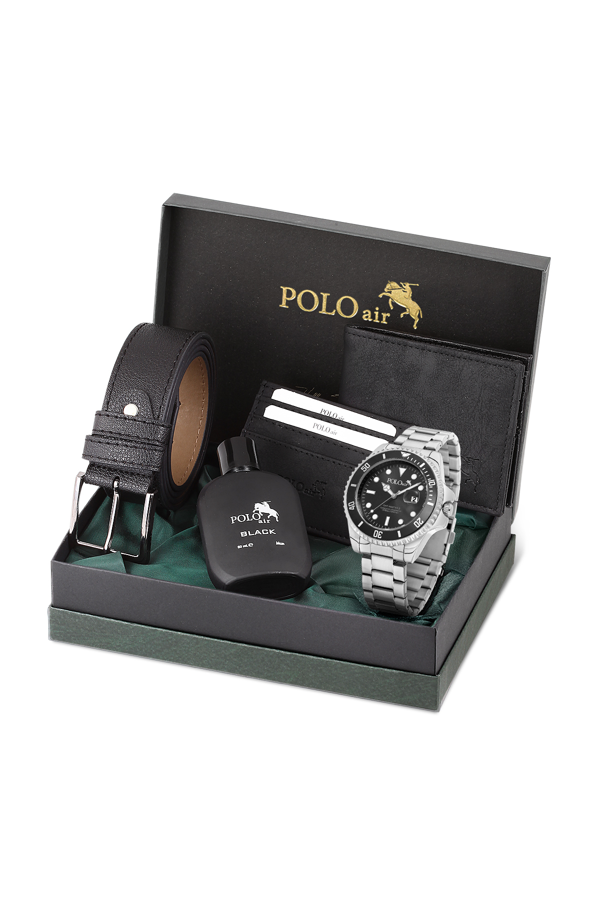 Mercek Takvimli Erkek Kol Saati Cüzdan Kemer Kartlık Parfüm Seti Gümüş Siyah Renk Pl-7073E3 Siyah Pl-7073E3