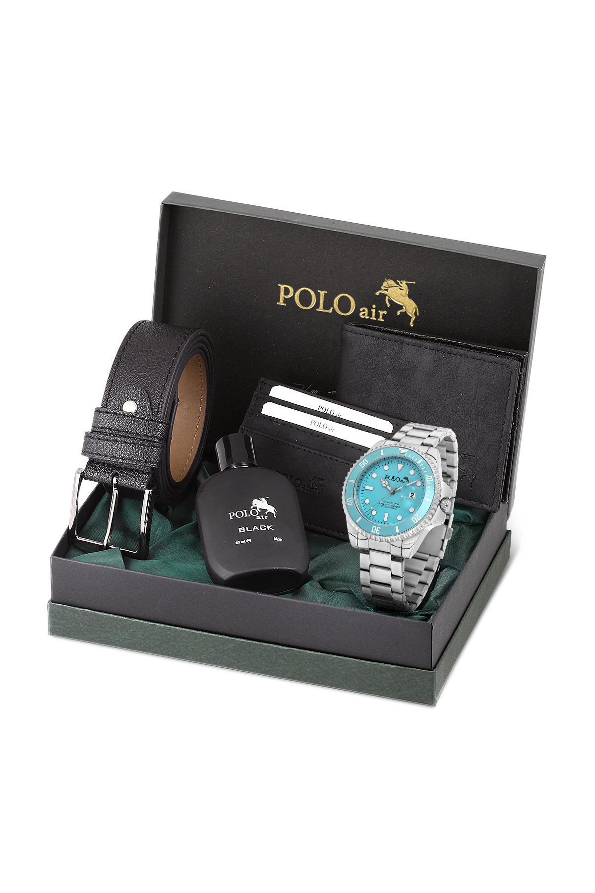Mercek Takvimli Erkek Kol Saati Cüzdan Kemer Kartlık Parfüm Seti Gümüş Turkuaz Renk Pl-7073E5 Turkuaz Pl-7073E5