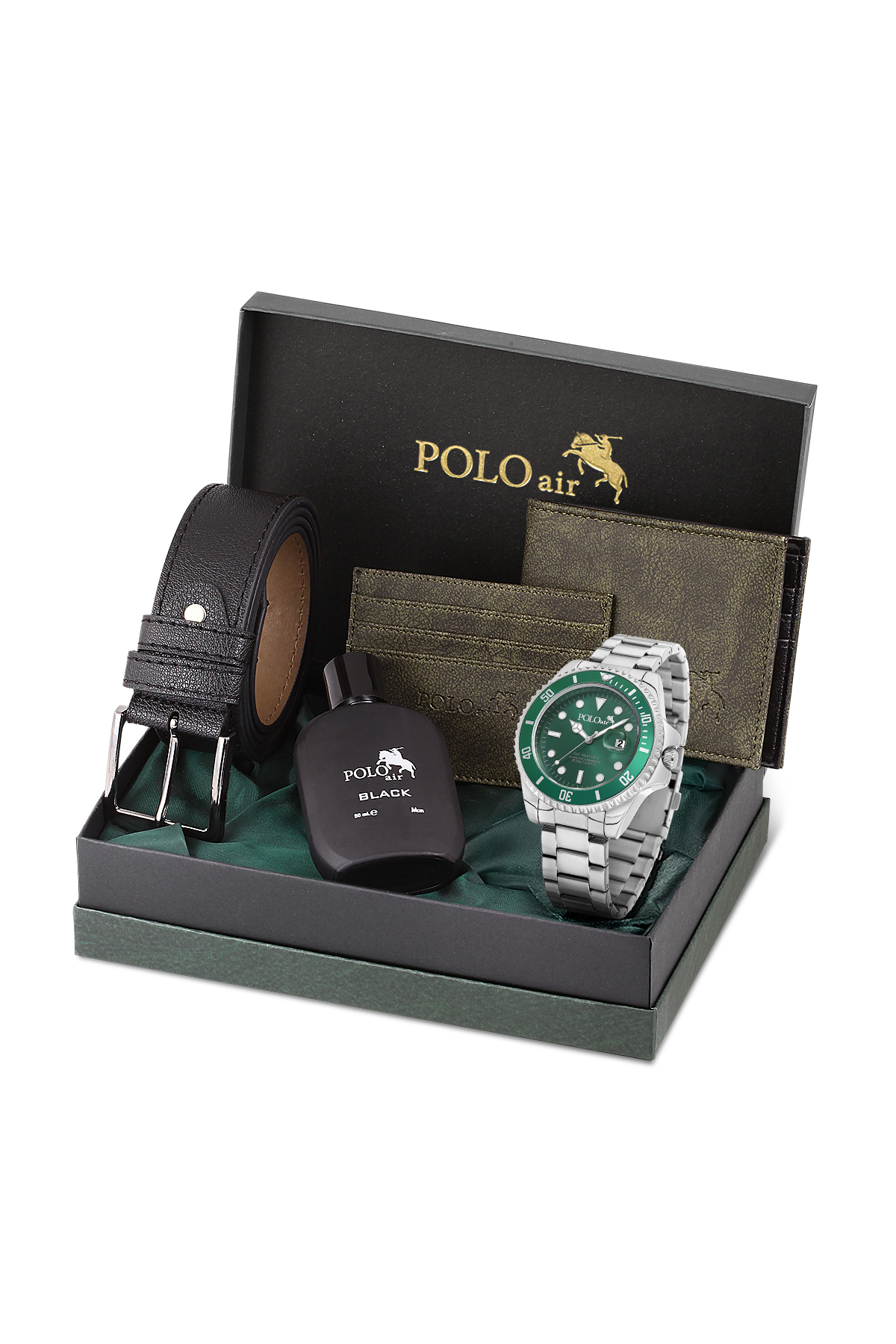 Mercek Takvimli Erkek Kol Saati Cüzdan Kemer Kartlık Parfüm Seti Gümüş Yeşil Renk Pl-7073E4 Yeşil Pl-7073E4