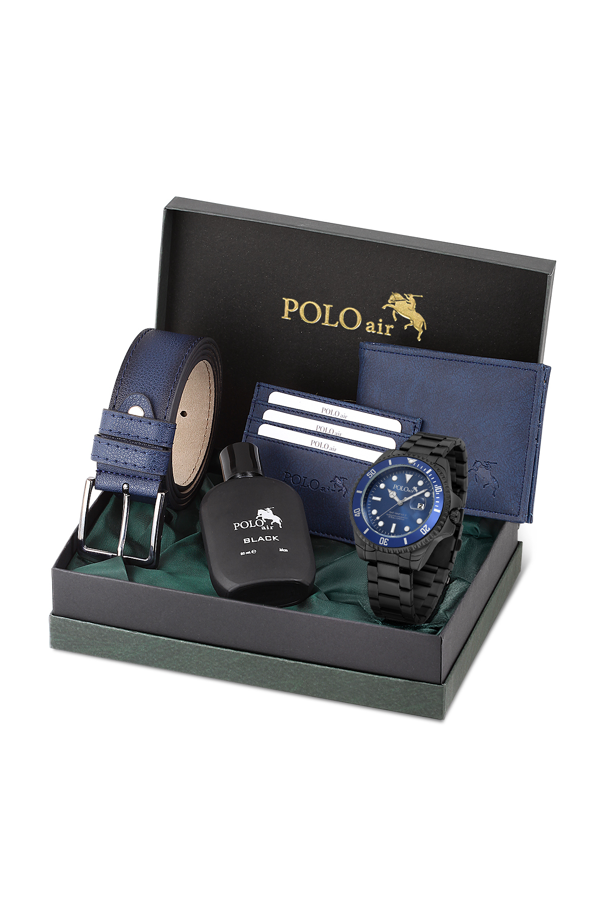Mercek Takvimli Erkek Kol Saati Cüzdan Kemer Kartlık Parfüm Seti Siyah Lacivert Renk Pl-7073E6 Lacivert Pl-7073E6