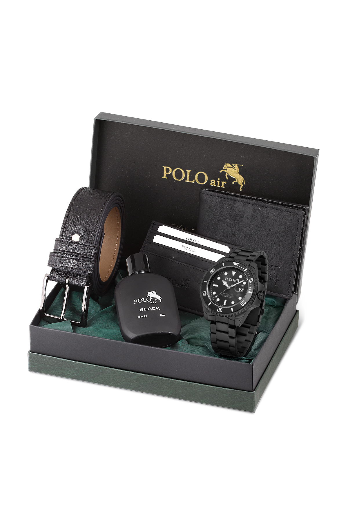 Mercek Takvimli Erkek Kol Saati Cüzdan Kemer Kartlık Parfüm Seti Siyah Renk Pl-7073E1 Siyah Pl-7073E1