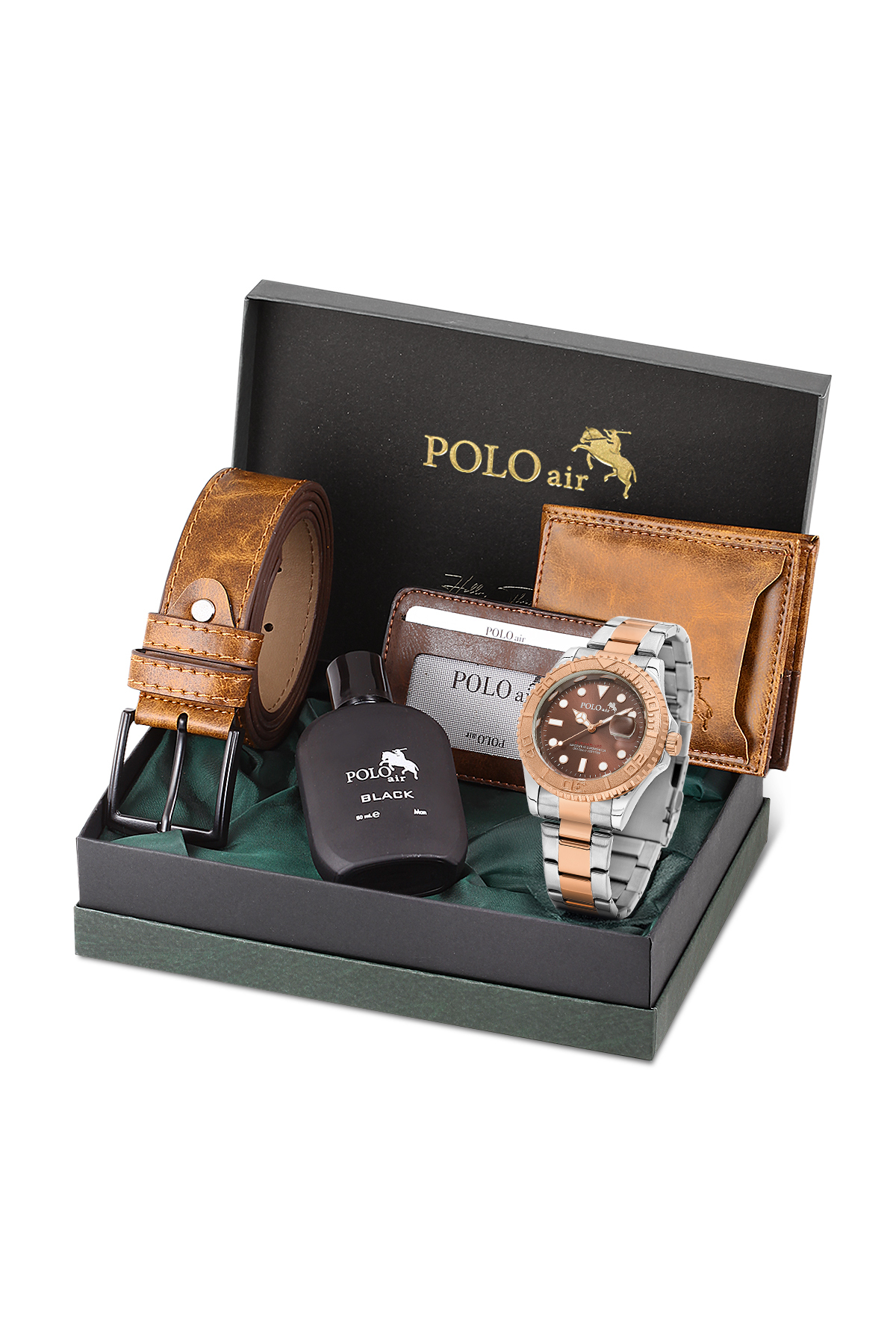 Mercek Takvimli Erkek Kol Saati Kemer Cüzdan Kartlık Parfüm Set Rose Gold Gümüş Kahve Renk Pl-7075E8 Çok Renkli Pl-7075E8