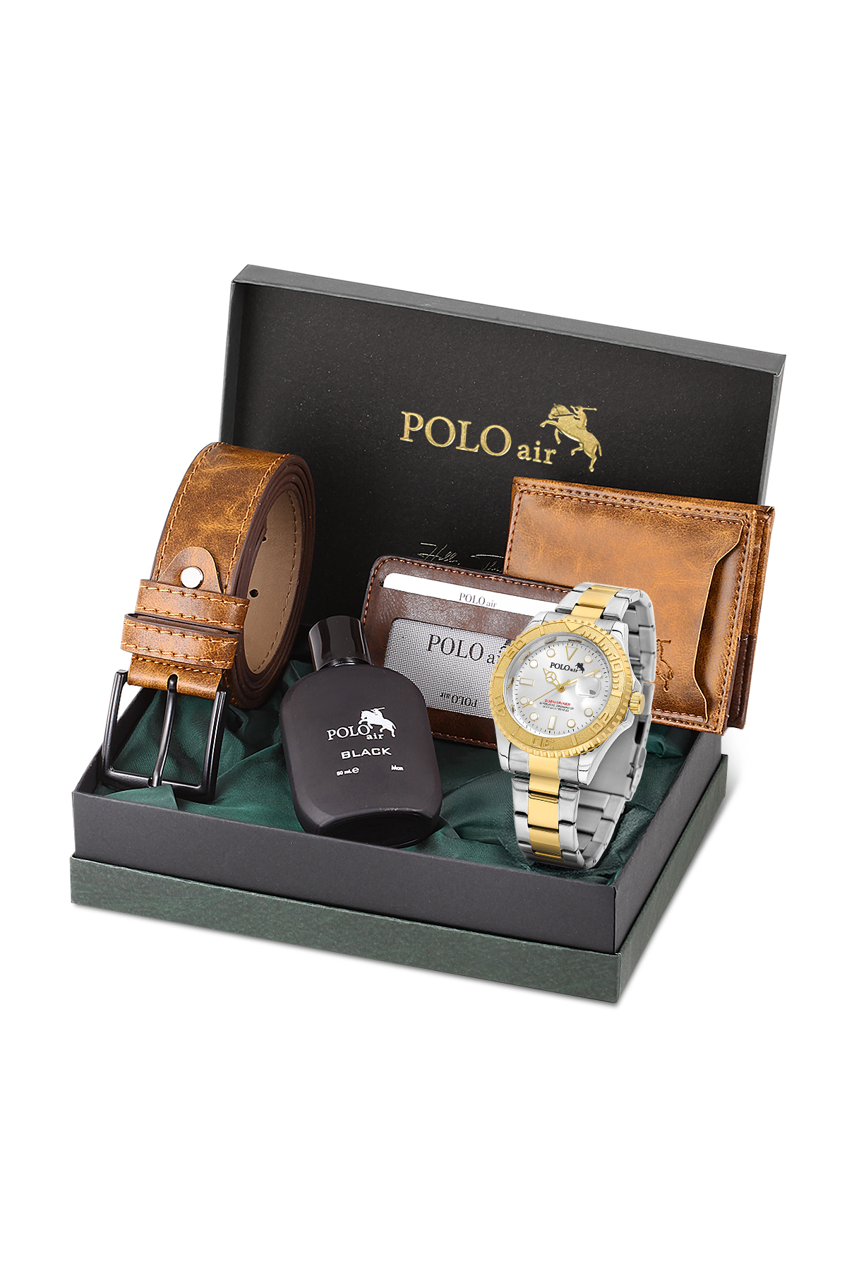 Mercek Takvimli Erkek Kol Saati Kemer Cüzdan Kartlık Parfüm Seti Gümüş Gold Renk Pl-7075E9 Gold-Gümüş Pl-7075E9