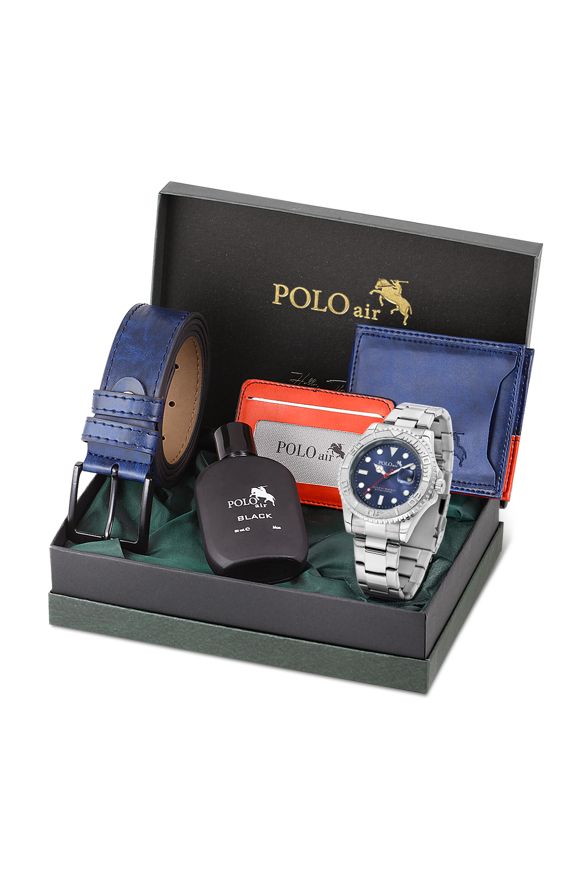 Mercek Takvimli Erkek Kol Saati Kemer Cüzdan Kartlık Parfüm Seti Gümüş Lacivert Renk Pl-7075E2 Lacivert Pl-7075E2