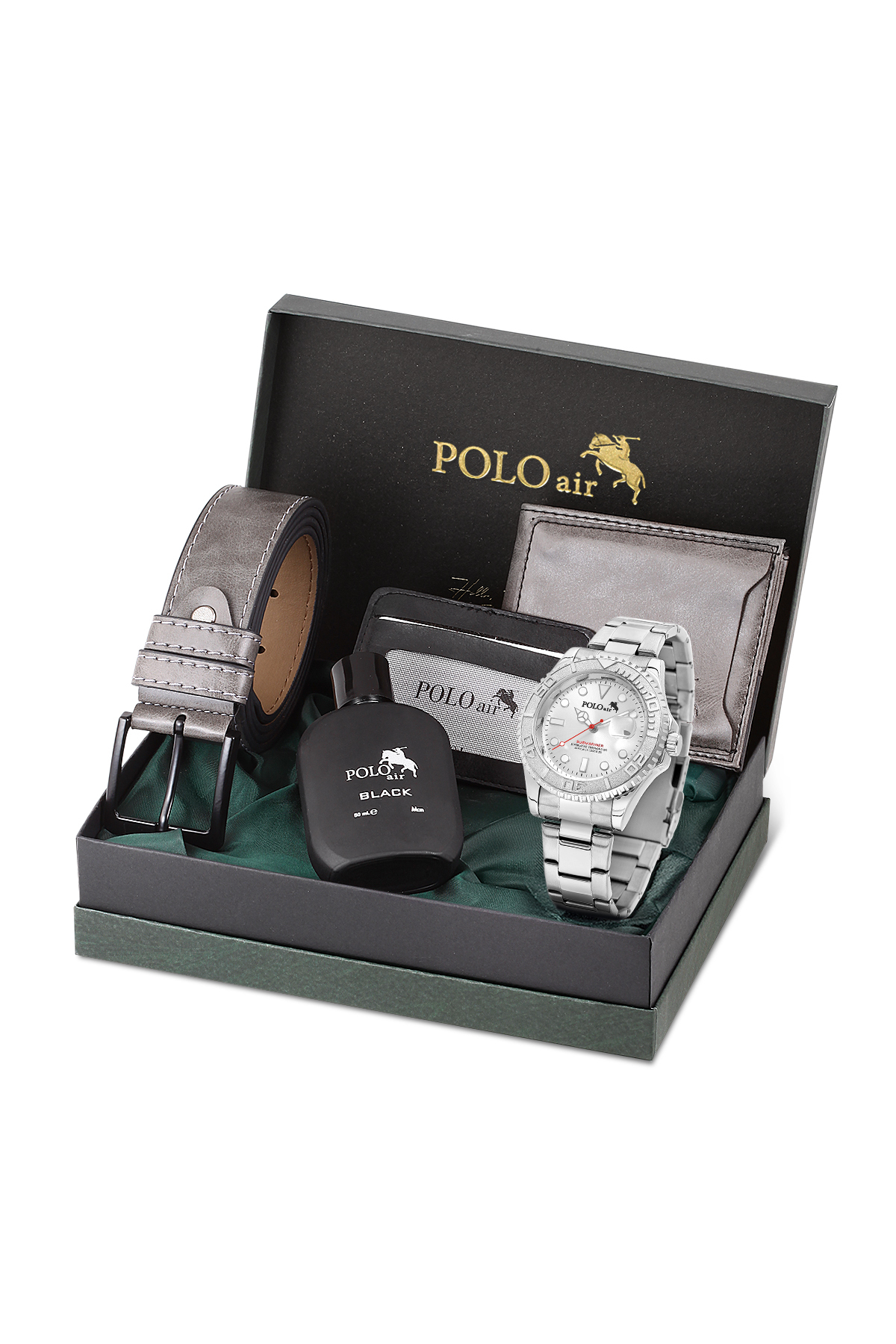 Mercek Takvimli Erkek Kol Saati Kemer Cüzdan Kartlık Parfüm Seti Gümüş Renk Pl-7075E5 Gümüş Pl-7075E5