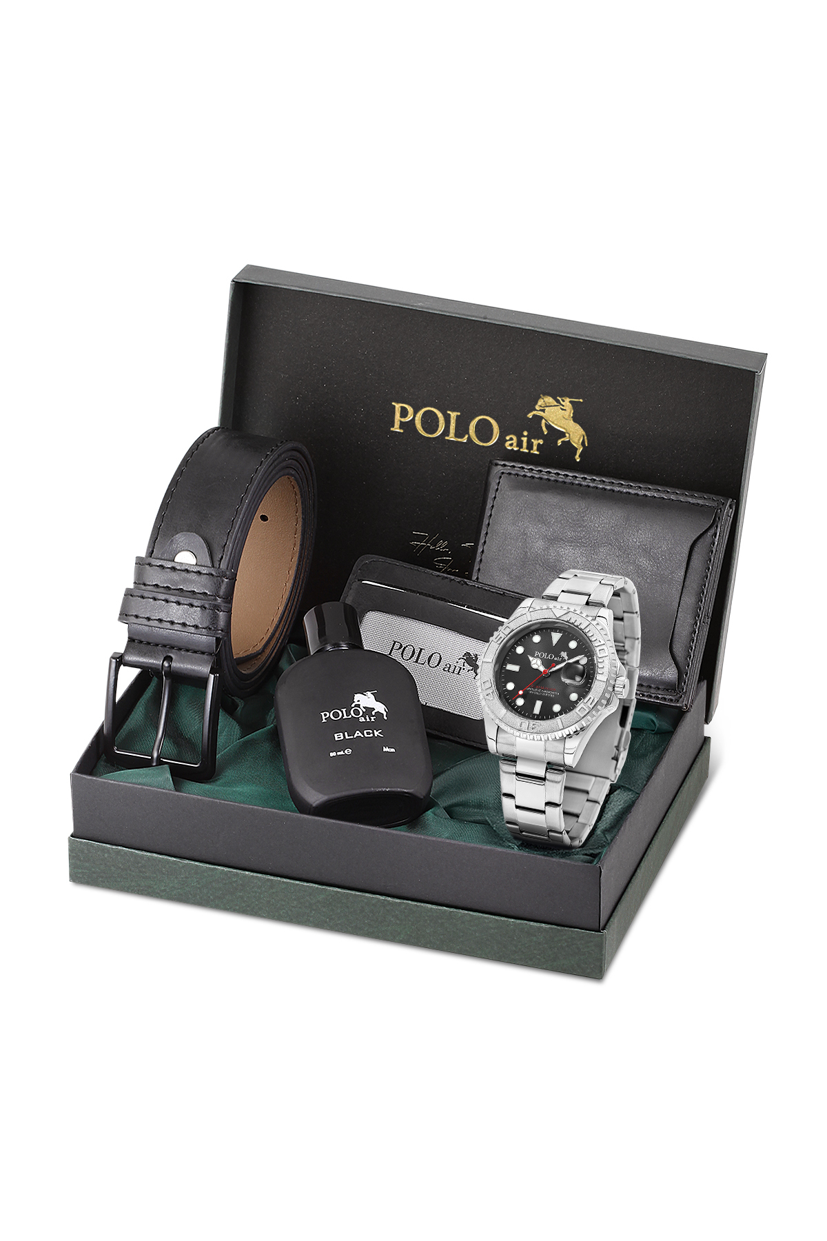 Mercek Takvimli Erkek Kol Saati Kemer Cüzdan Kartlık Parfüm Seti Gümüş Siyah Renk Pl-7075E3 Siyah Pl-7075E3