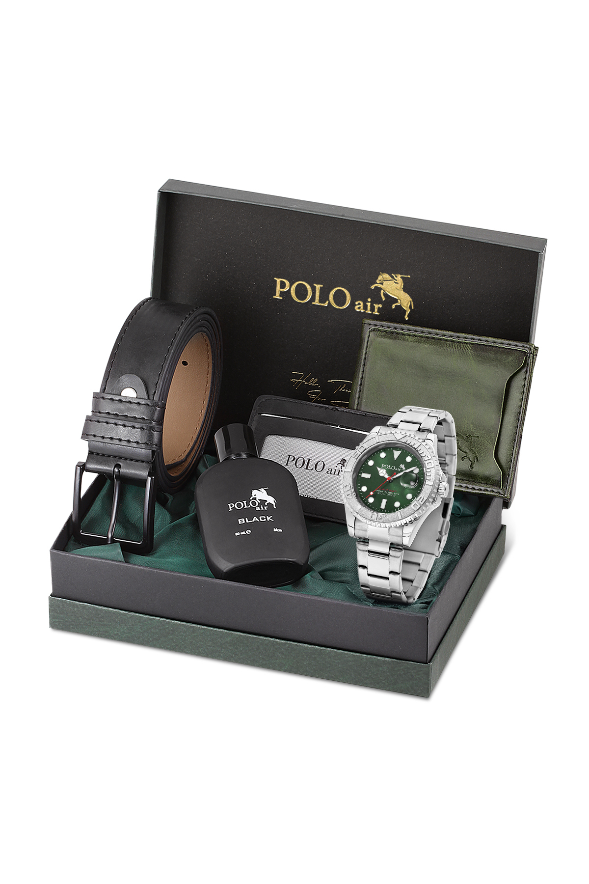 Mercek Takvimli Erkek Kol Saati Kemer Cüzdan Kartlık Parfüm Seti Gümüş Yeşil Renk Pl-7075E4 Yeşil Pl-7075E4