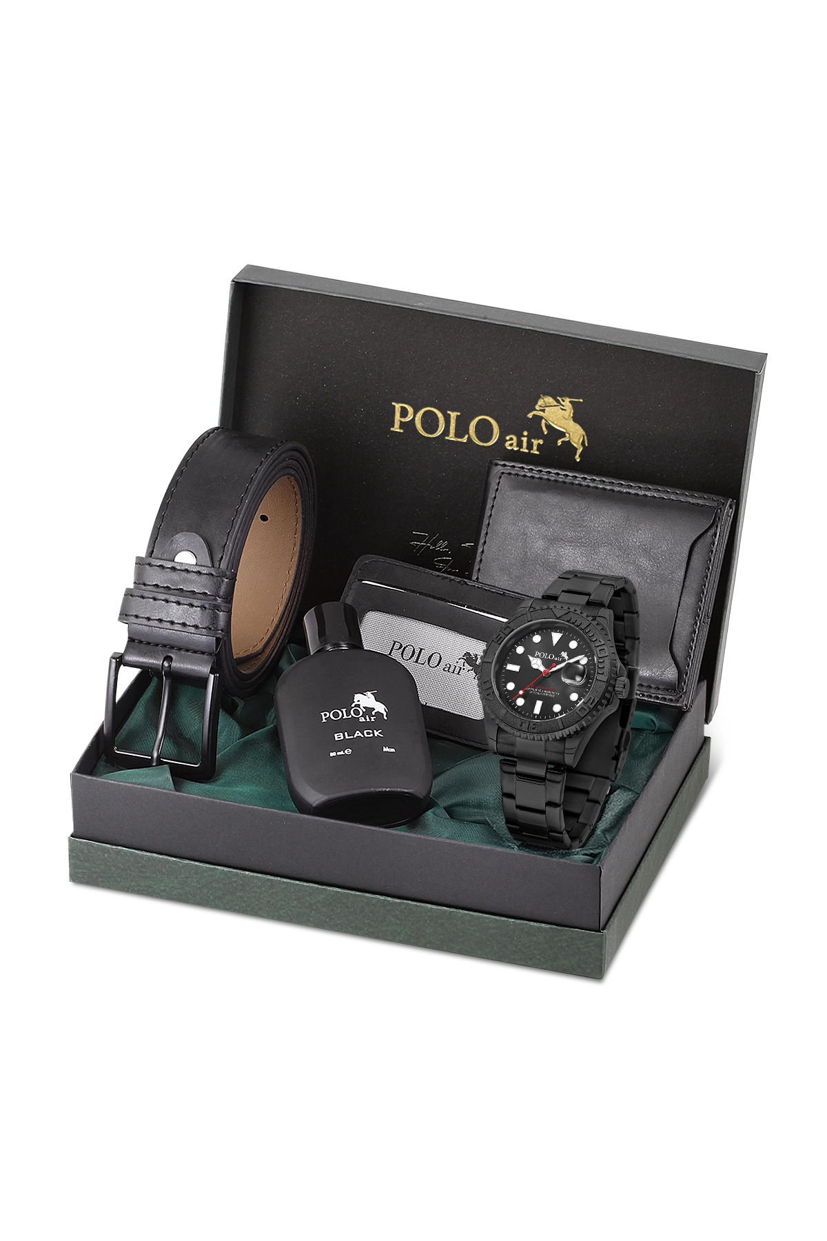 Mercek Takvimli Erkek Kol Saati Kemer Cüzdan Kartlık Parfüm Seti Siyah Renk Pl-7075E1 Siyah Pl-7075E1