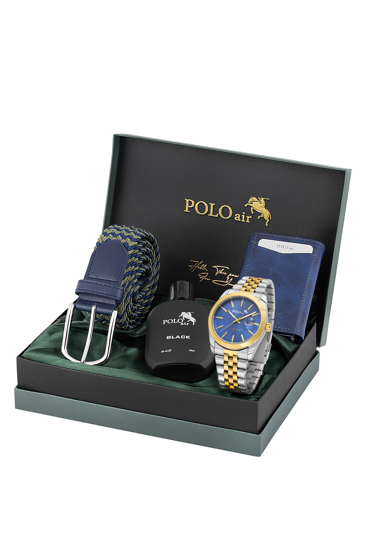 Mercek Takvimli Erkek Kol Saati Otomatik Cüzdan Kemer Parfüm Seti Gold Gümüş Lacivert Renk Pl-7079E7 Lacivert Pl-7079E7