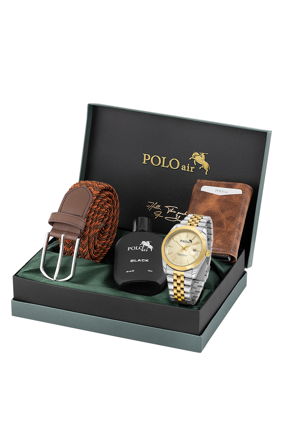 Mercek Takvimli Erkek Kol Saati Otomatik Cüzdan Kemer Parfüm Seti Gold Gümüş Renk Pl-7079E9 Altın Pl-7079E9