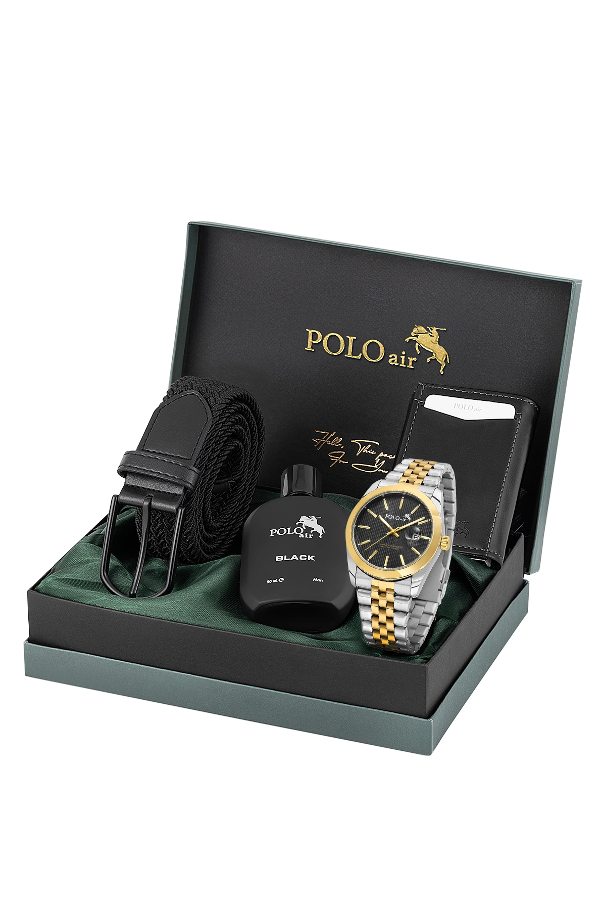 Mercek Takvimli Erkek Kol Saati Otomatik Cüzdan Kemer Parfüm Seti Gold Gümüş Siyah Renk Pl-7079E6 Altın Pl-7079E6