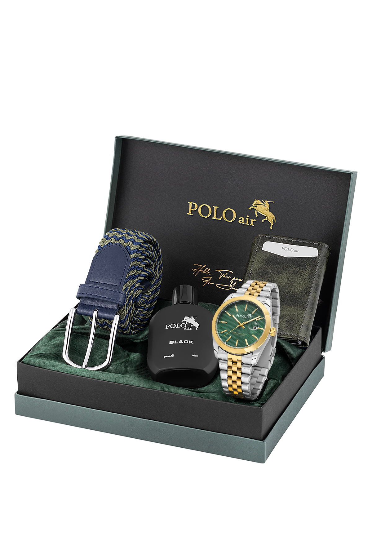 Mercek Takvimli Erkek Kol Saati Otomatik Cüzdan Kemer Parfüm Seti Gold Gümüş Yeşil Renk Pl-7079E8 Yeşil Pl-7079E8