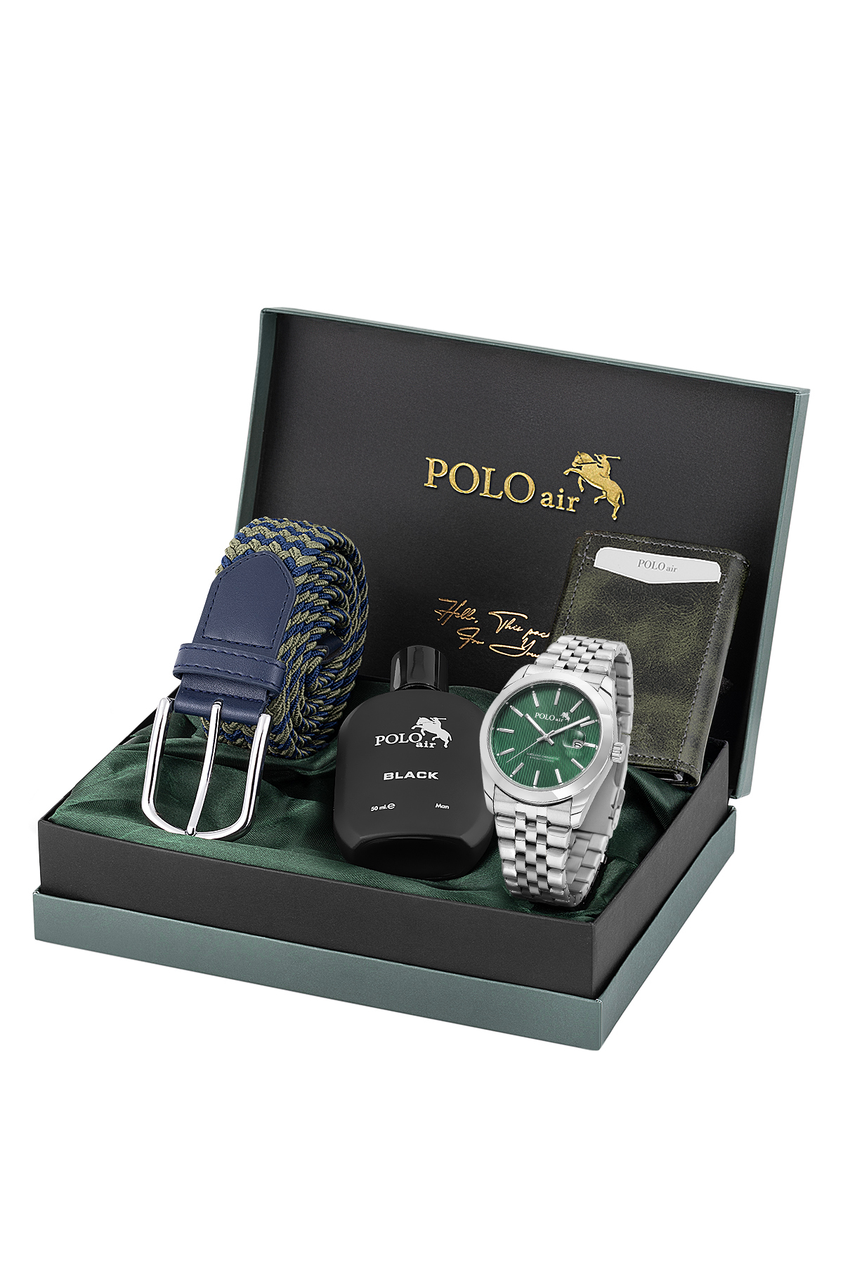 Mercek Takvimli Erkek Kol Saati Otomatik Cüzdan Kemer Parfüm Seti Gümüş Yeşil Renk Pl-7079E4 Yeşil Pl-7079E4