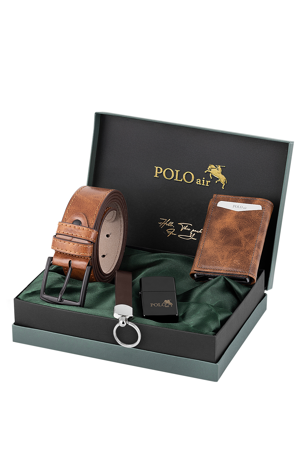 Mıknatıslı Otomatik Mekanizmalı Cüzdan Kemer Çakmak Anahtarlık Erkek Kombin Seti Taba Renk Chm-06-T Çok Renkli Chm-06-T