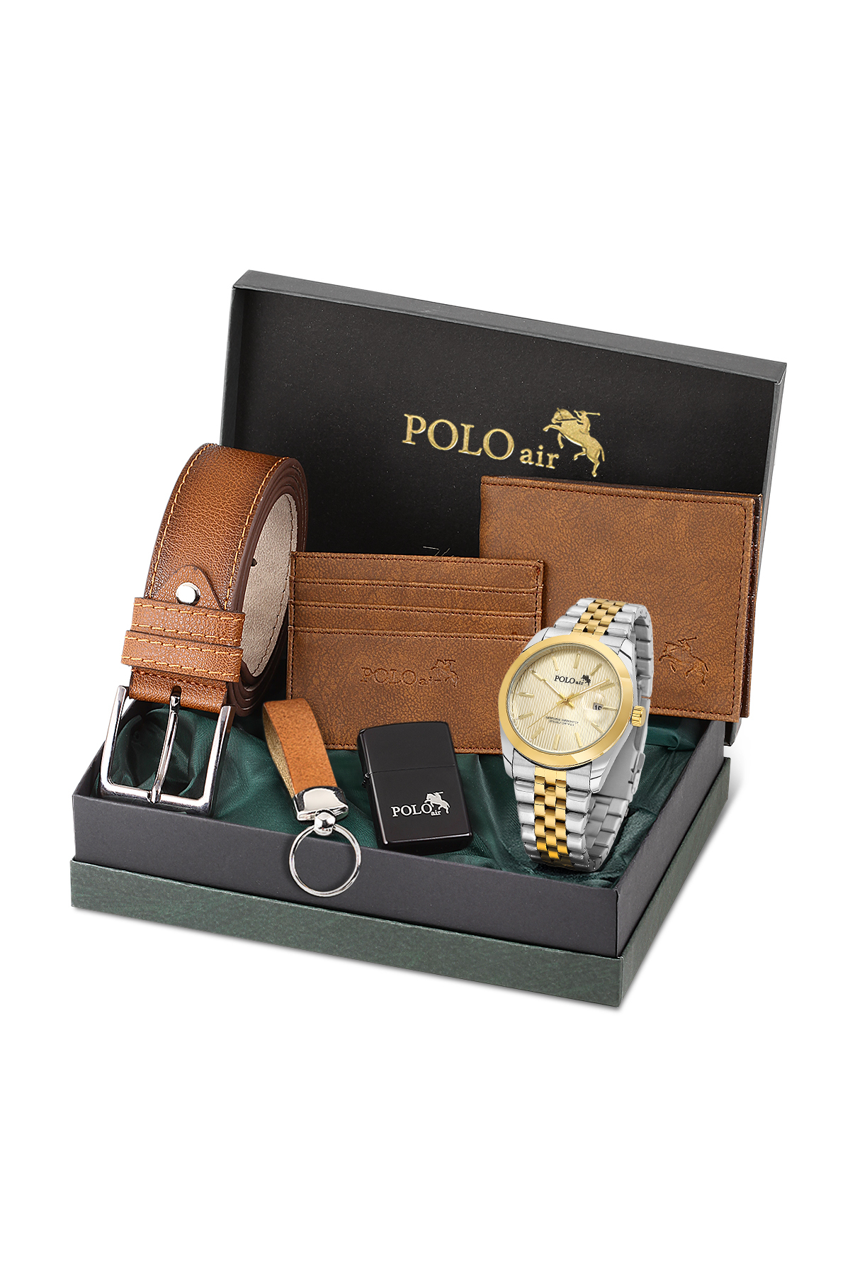 Takvimli Erkek Kol Saati Cüzdan Kemer Kartlık Anahtarlık Çakmak Seti Gümüş Gold Renk Pl-7074E9 Altın Pl-7074E9