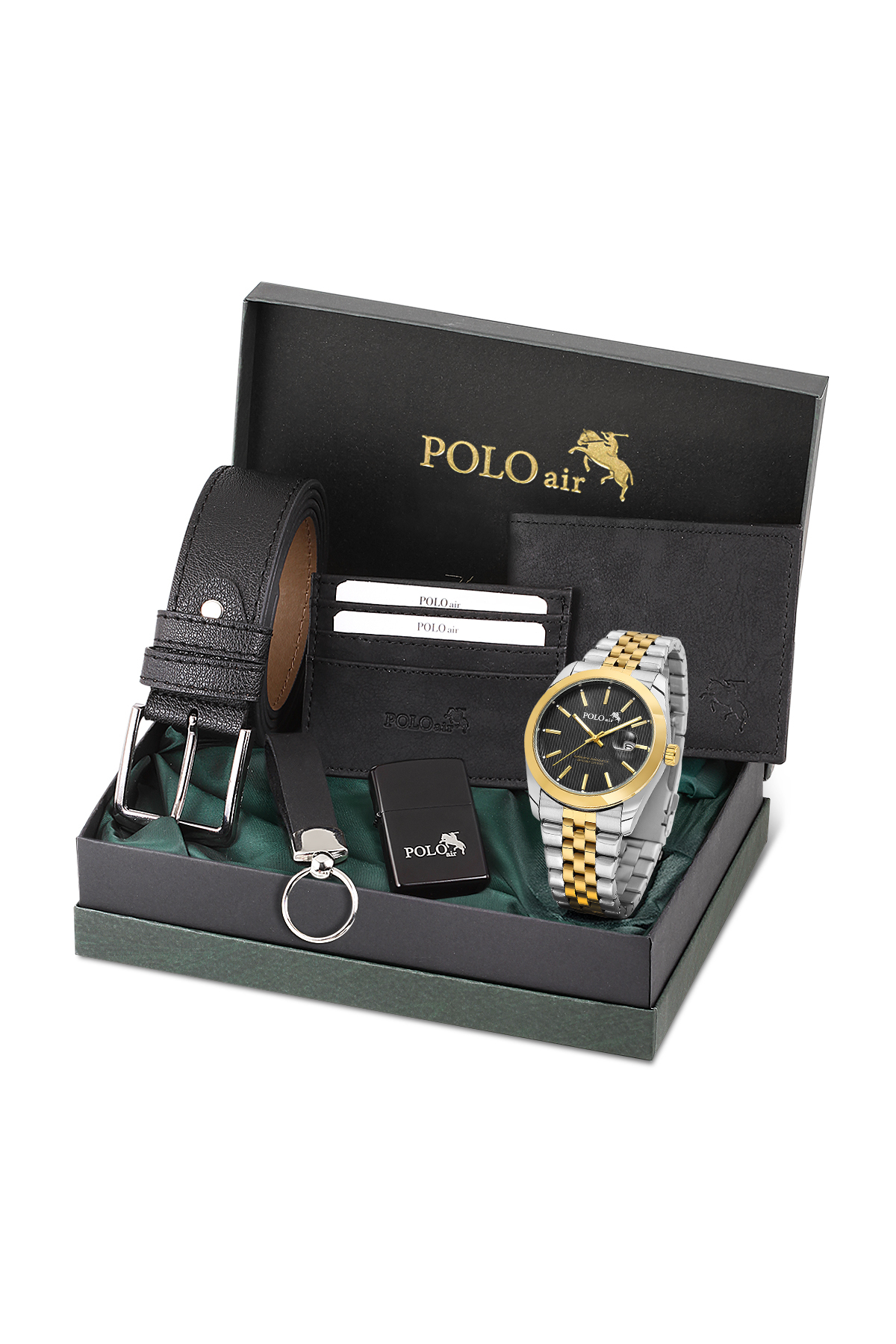 Takvimli Erkek Kol Saati Cüzdan Kemer Kartlık Anahtarlık Çakmak Seti Gümüş Gold Siyah Renk Pl-7074E6 Altın Pl-7074E6