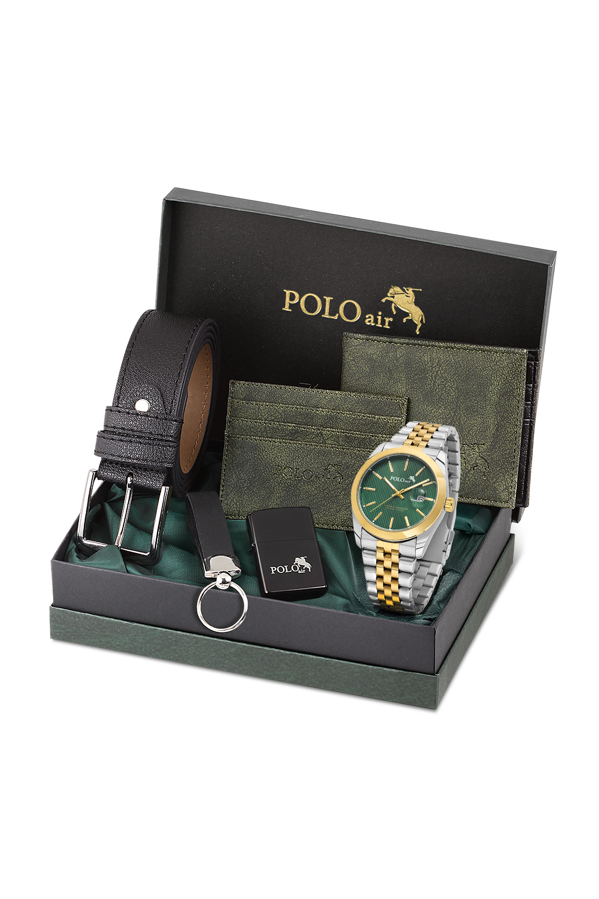 Takvimli Erkek Kol Saati Cüzdan Kemer Kartlık Anahtarlık Çakmak Seti Gümüş Gold Yeşil Renk Pl-7074E8 Yeşil Pl-7074E8