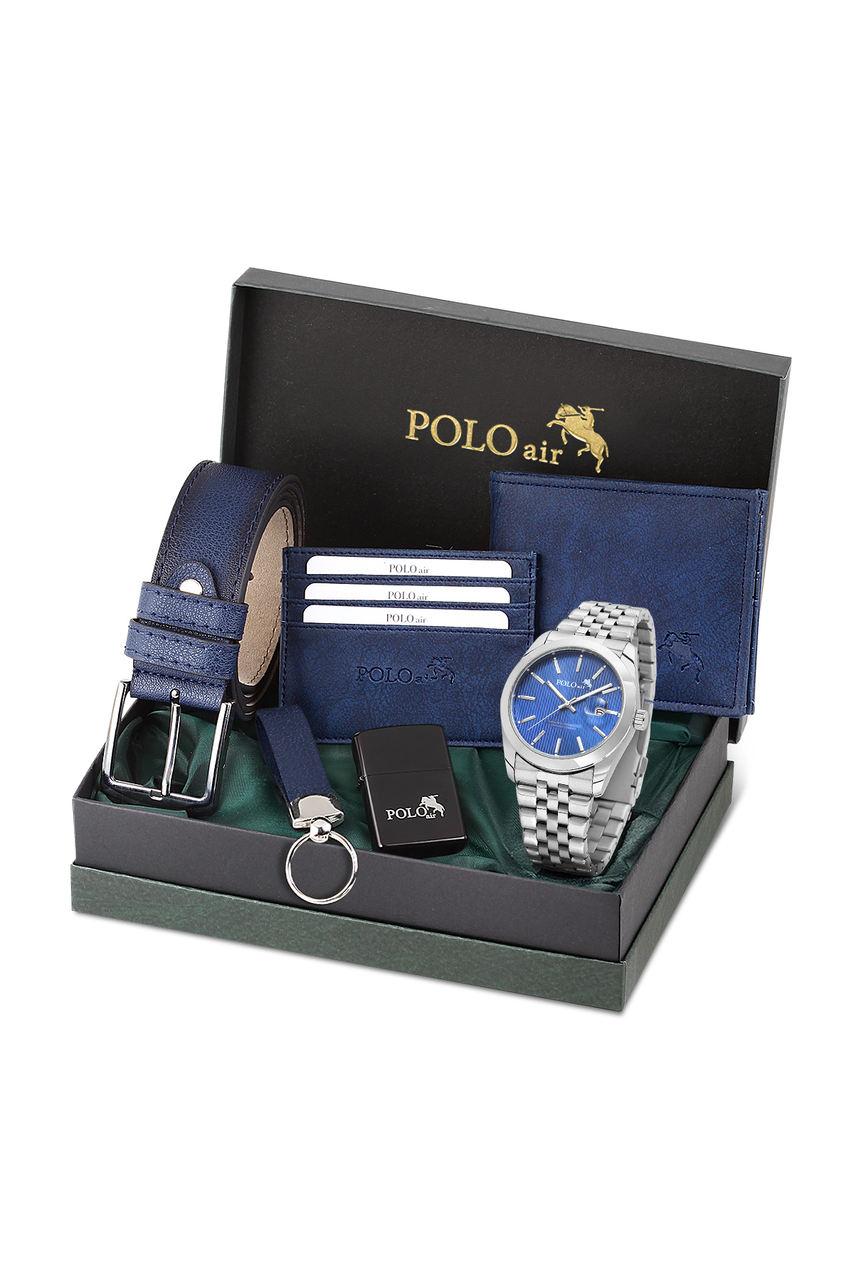 Takvimli Erkek Kol Saati Cüzdan Kemer Kartlık Anahtarlık Çakmak Seti Gümüş Lacivert Renk Pl-7074E2 Lacivert Pl-7074E2