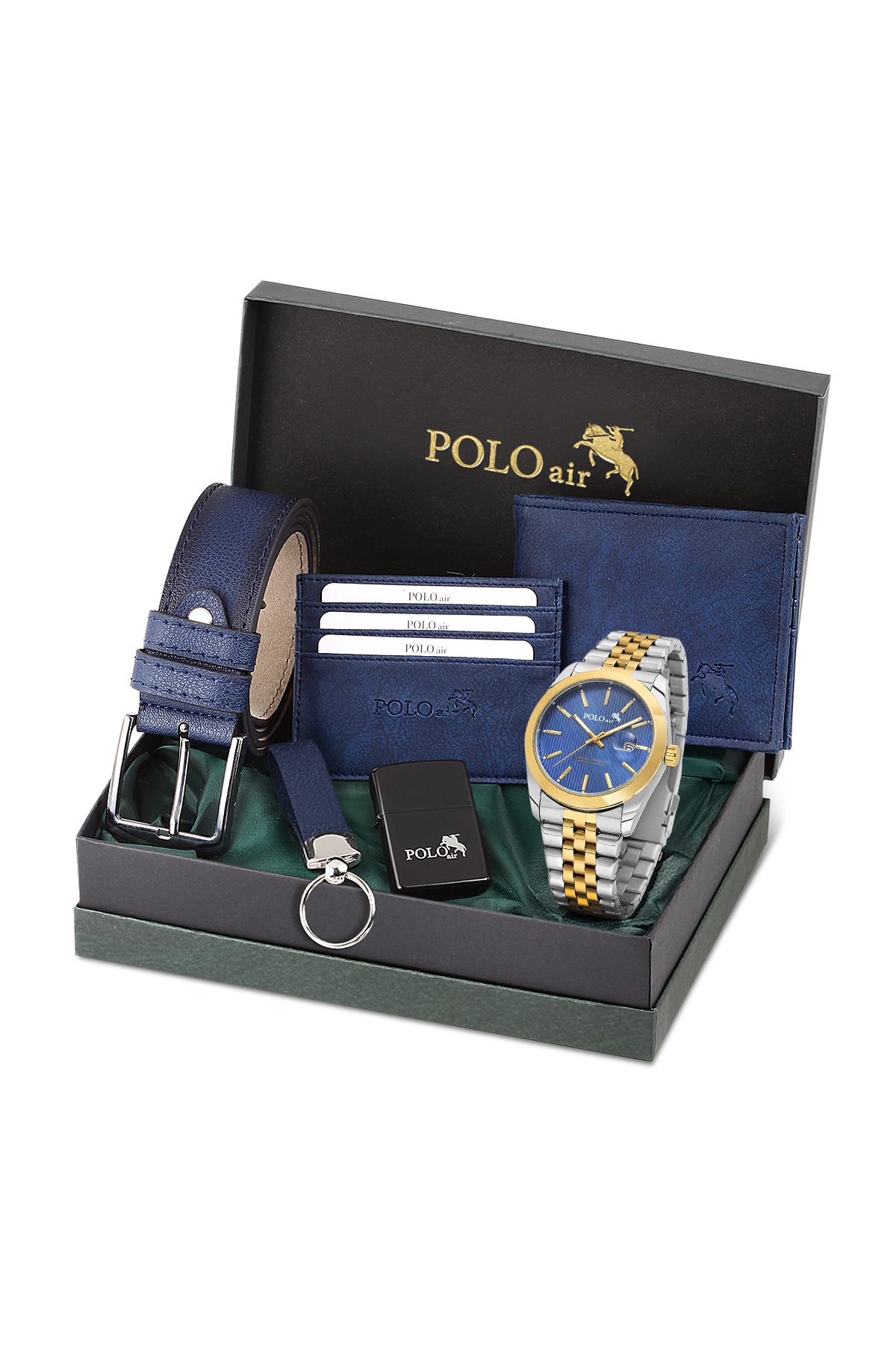 Takvimli Erkek Kol Saati Cüzdan Kemer Kartlık Anahtarlık Çakmak Seti Gümüş Lacivert Renk Pl-7074E7 Lacivert Pl-7074E7