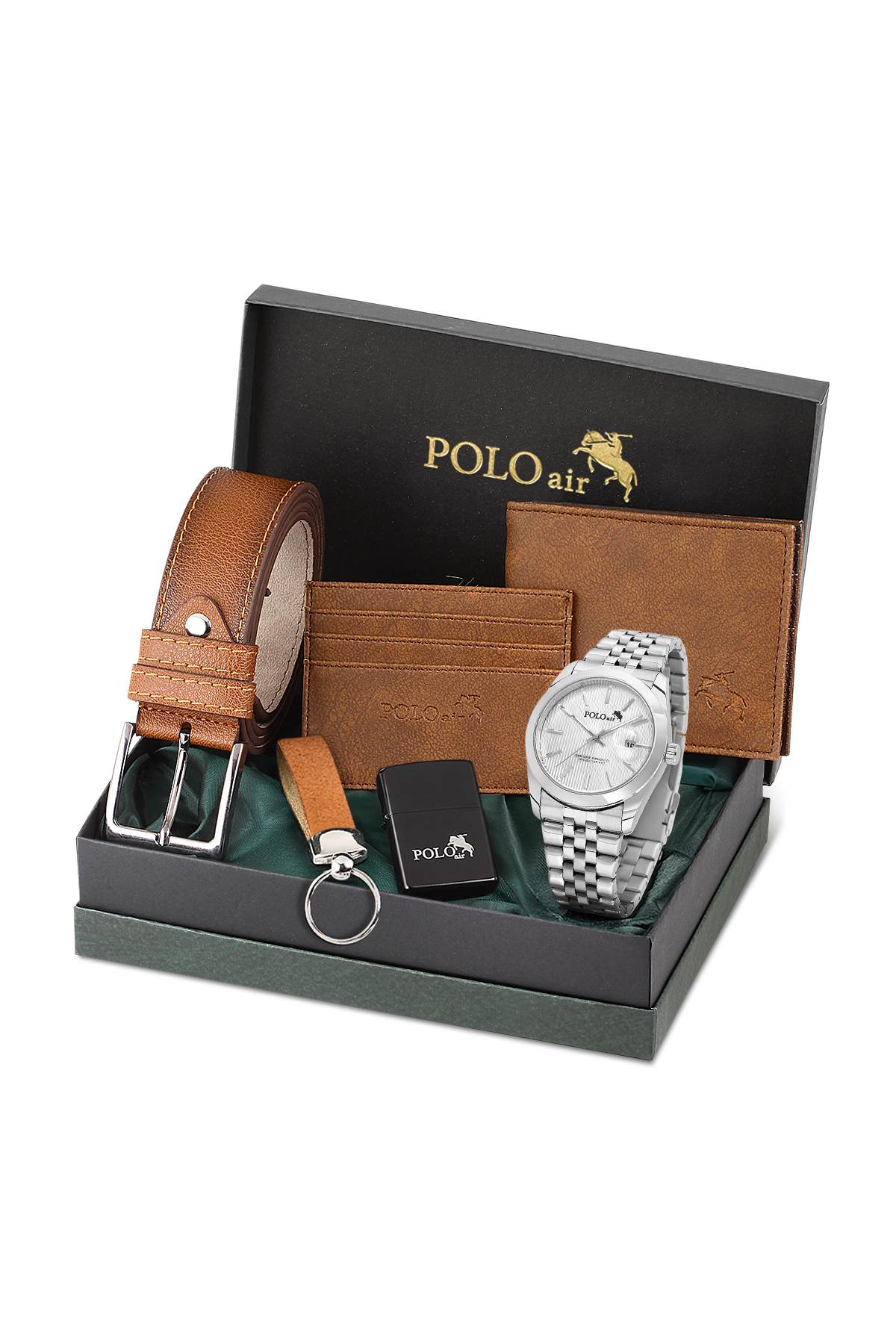 Takvimli Erkek Kol Saati Cüzdan Kemer Kartlık Anahtarlık Çakmak Seti Gümüş Renk Pl-7074E5 Gümüş Pl-7074E5