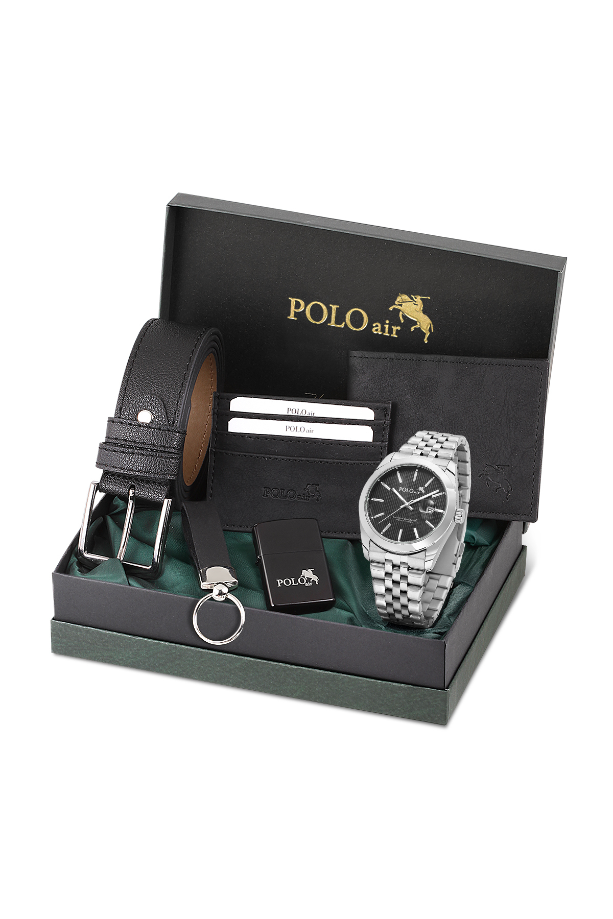 Takvimli Erkek Kol Saati Cüzdan Kemer Kartlık Anahtarlık Çakmak Seti Gümüş Siyah Renk Pl-7074E3 Siyah Pl-7074E3