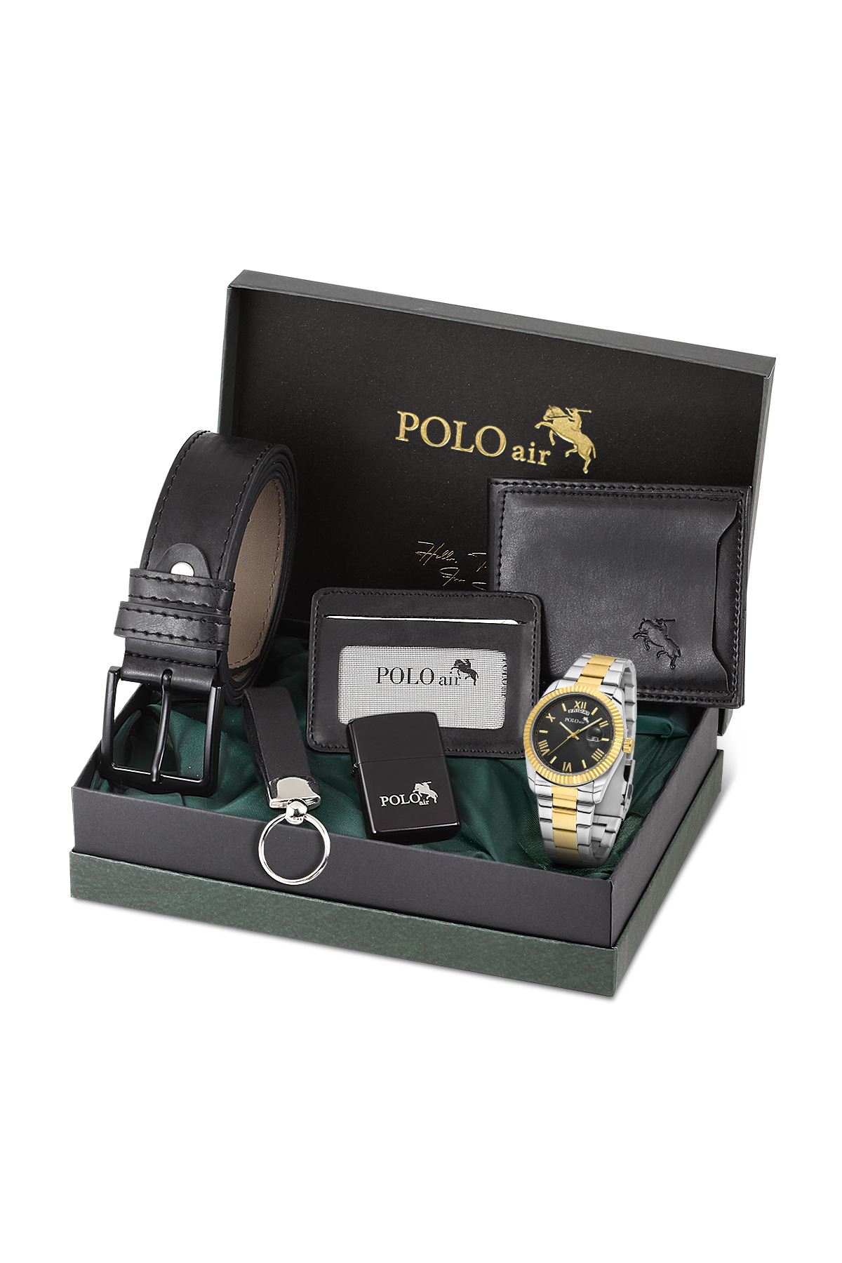 Takvimli Erkek Kol Saati Cüzdan Kemer Kartlık Çakmak Anahtarlık Seti Gold Gümüş Siyah Renk Pl-7076E6 Altın Pl-7076E6