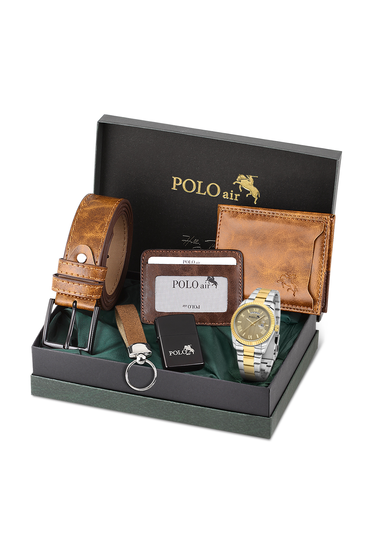 Takvimli Erkek Kol Saati Cüzdan Kemer Kartlık Çakmak Anahtarlık Seti Gümüş Gold Renk Pl-7076E9 Altın Pl-7076E9