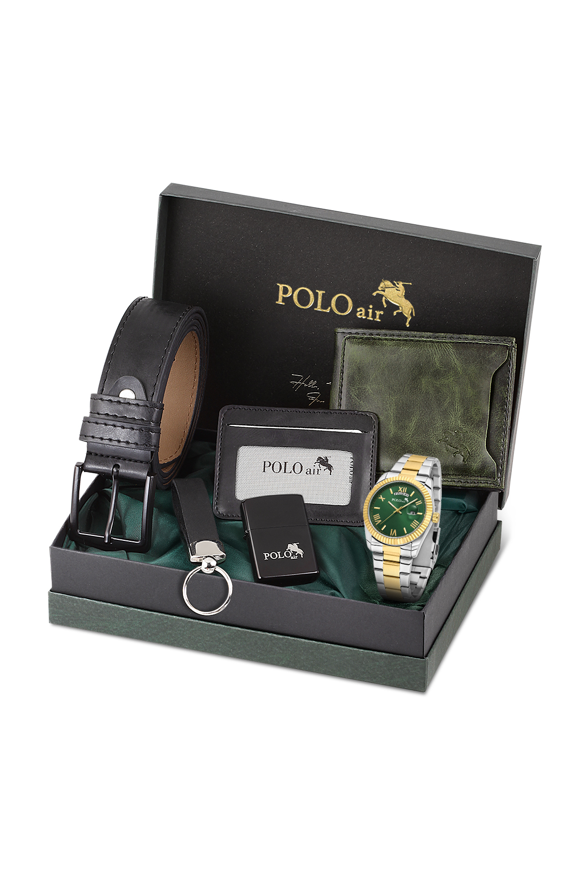 Takvimli Erkek Kol Saati Cüzdan Kemer Kartlık Çakmak Anahtarlık Seti Gümüş Gold Yeşil Renk Pl-7076E8 Çok Renkli Pl-7076E8