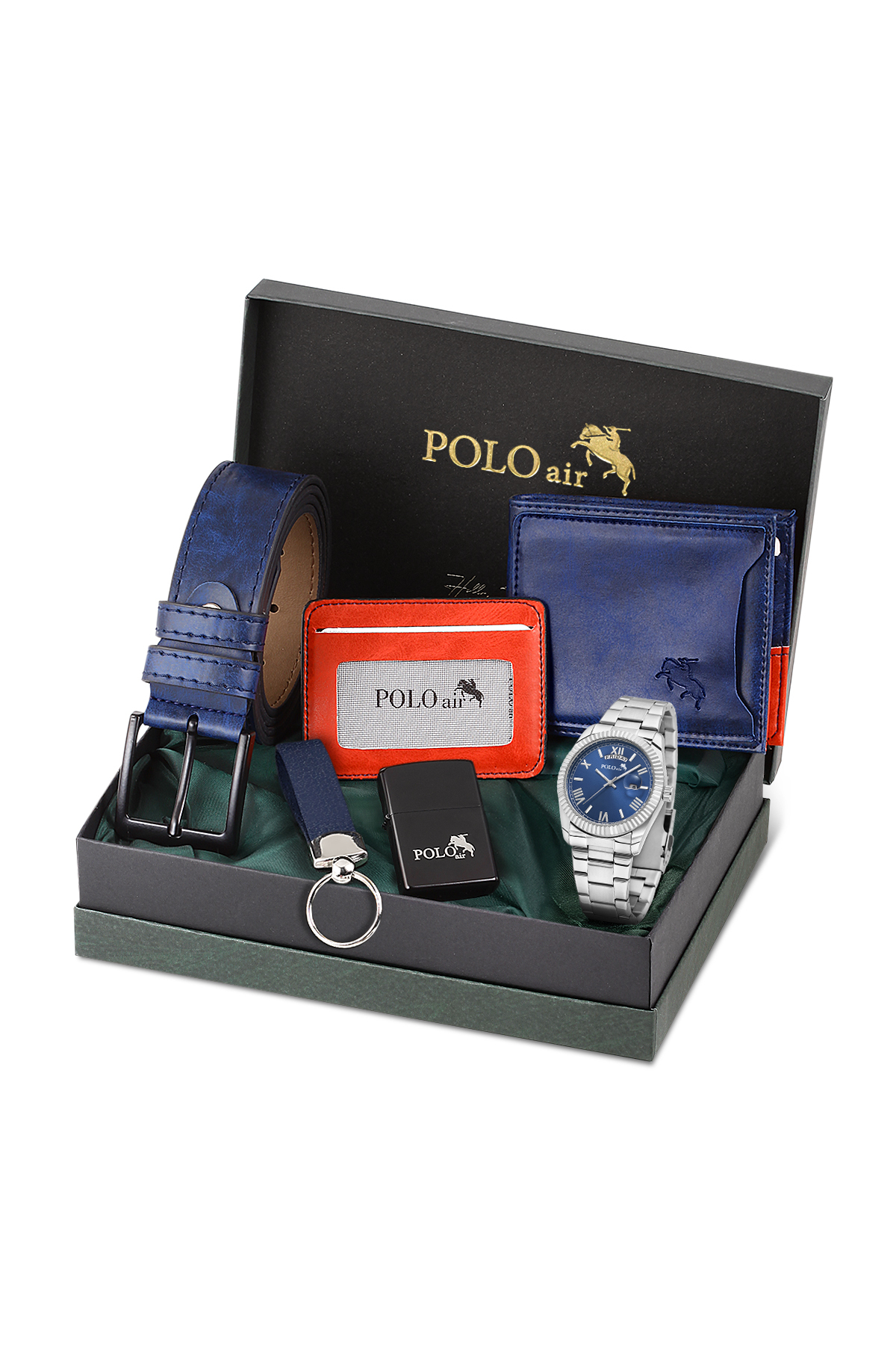 Takvimli Erkek Kol Saati Cüzdan Kemer Kartlık Çakmak Anahtarlık Seti Gümüş Lacivert Renk Pl-7076E2 Lacivert Pl-7076E2