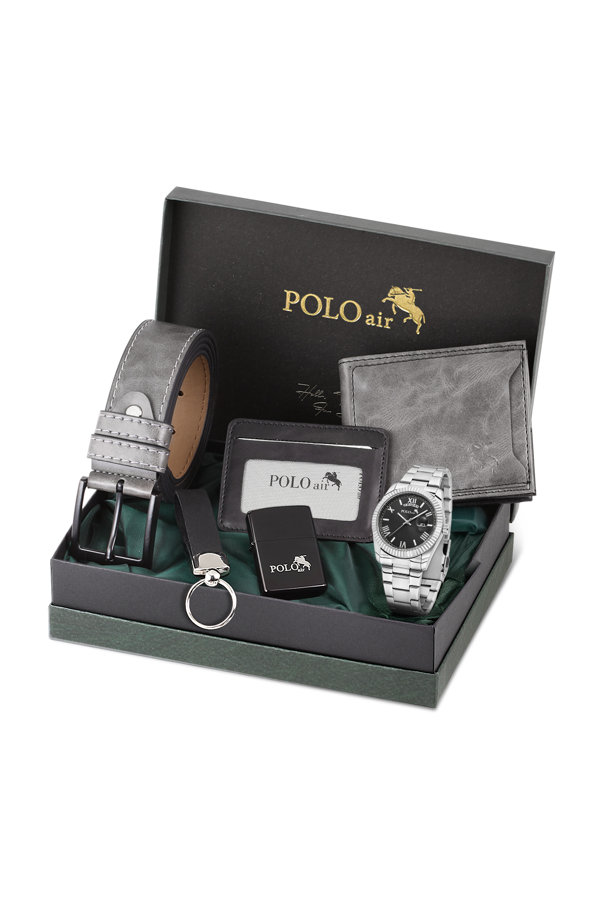 Takvimli Erkek Kol Saati Cüzdan Kemer Kartlık Çakmak Anahtarlık Seti Gümüş Siyah Renk Pl-7076E3 Siyah Pl-7076E3