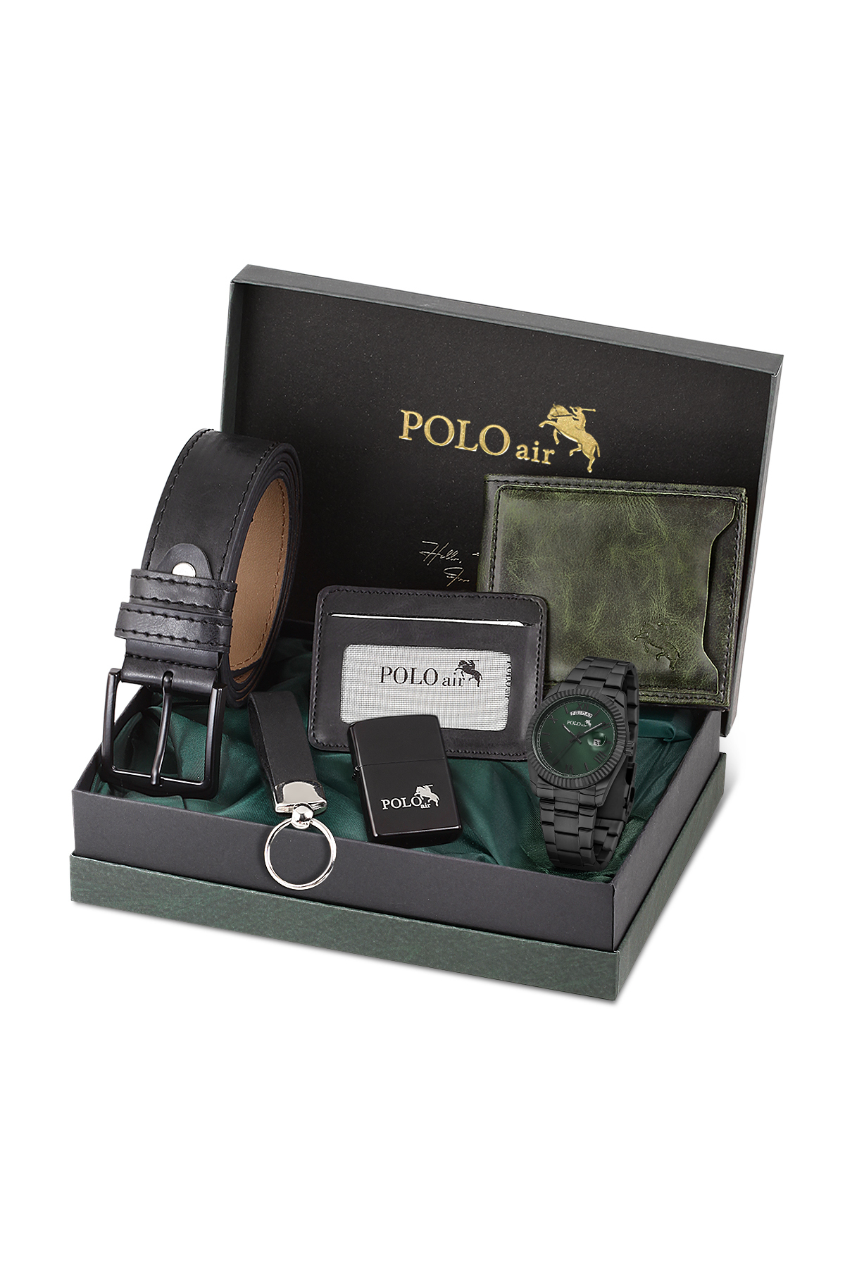Takvimli Erkek Kol Saati Cüzdan Kemer Kartlık Çakmak Anahtarlık Seti Siyah Yeşil Renk Pl-7076E5 Siyah Pl-7076E5
