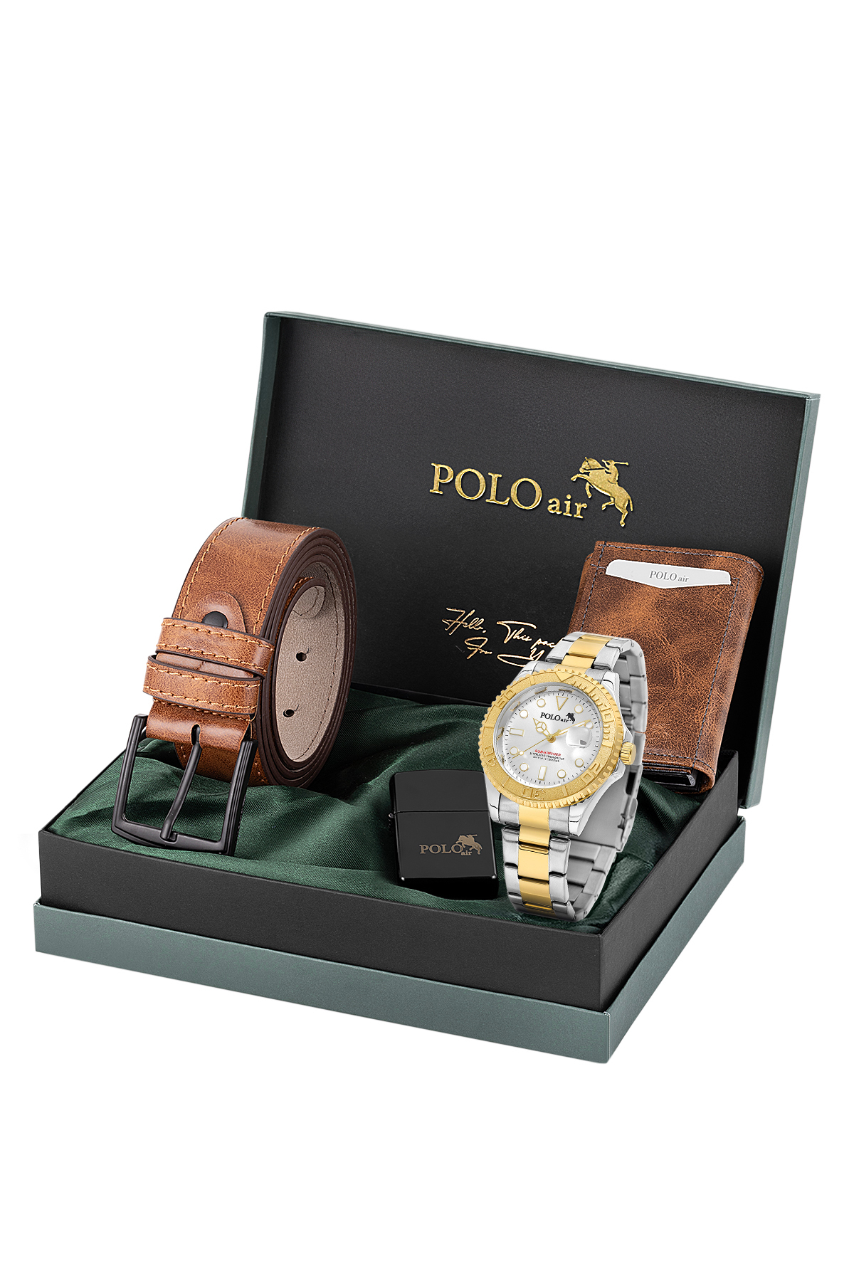 Takvimli Erkek Kol Saati Otomatik Cüzdan Kemer Çakmak Seti Gold Gümüş Renk Pl-7080E9 Altın Pl-7080E9