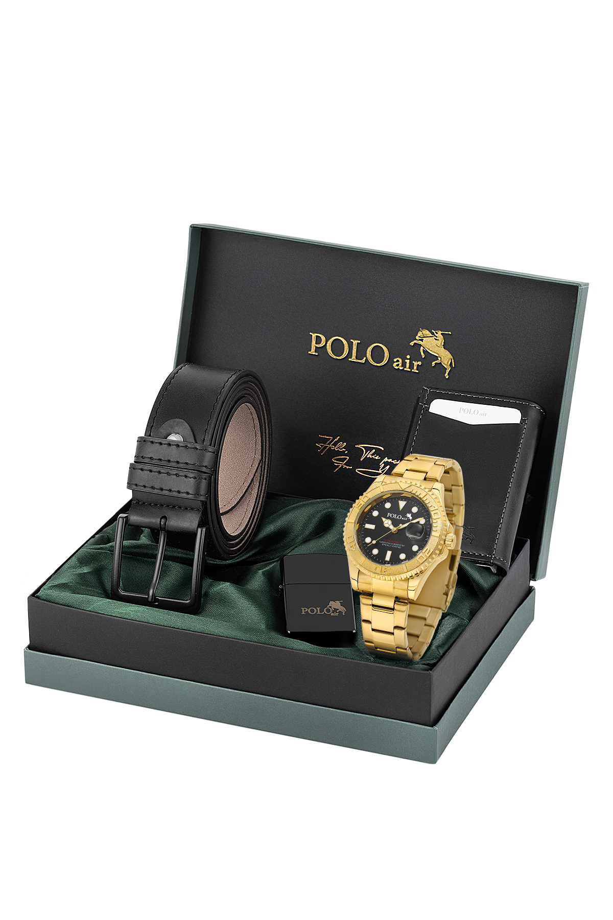 Takvimli Erkek Kol Saati Otomatik Cüzdan Kemer Çakmak Seti Gold Siyah Renk Pl-7080E7 Altın Pl-7080E7