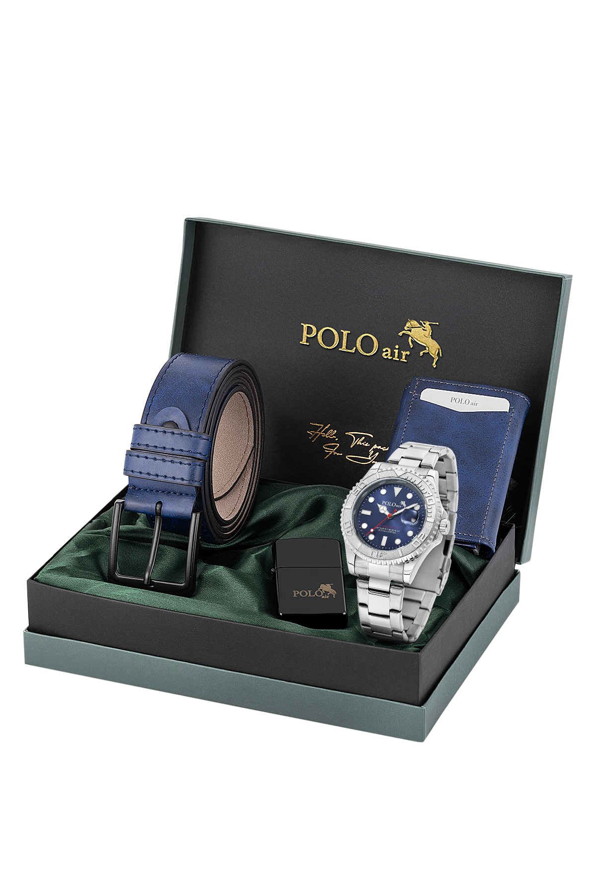 Takvimli Erkek Kol Saati Otomatik Cüzdan Kemer Çakmak Seti Gümüş Lacivert Renk Pl-7080E2 Lacivert Pl-7080E2