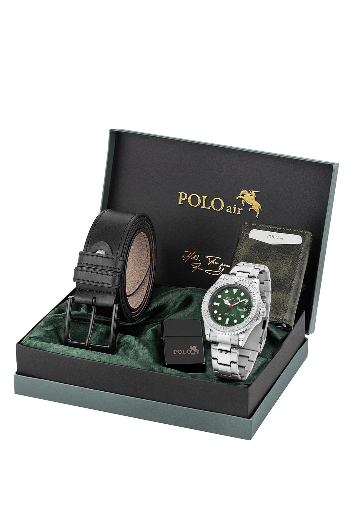 Takvimli Erkek Kol Saati Otomatik Cüzdan Kemer Çakmak Seti Gümüş Yeşil Renk Pl-7080E4 Yeşil Pl-7080E4